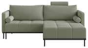 Dreisitziges ausklappbares Sofa Skilia mit Hocker, salbeigrüner, pflegeleichter Strickstoff