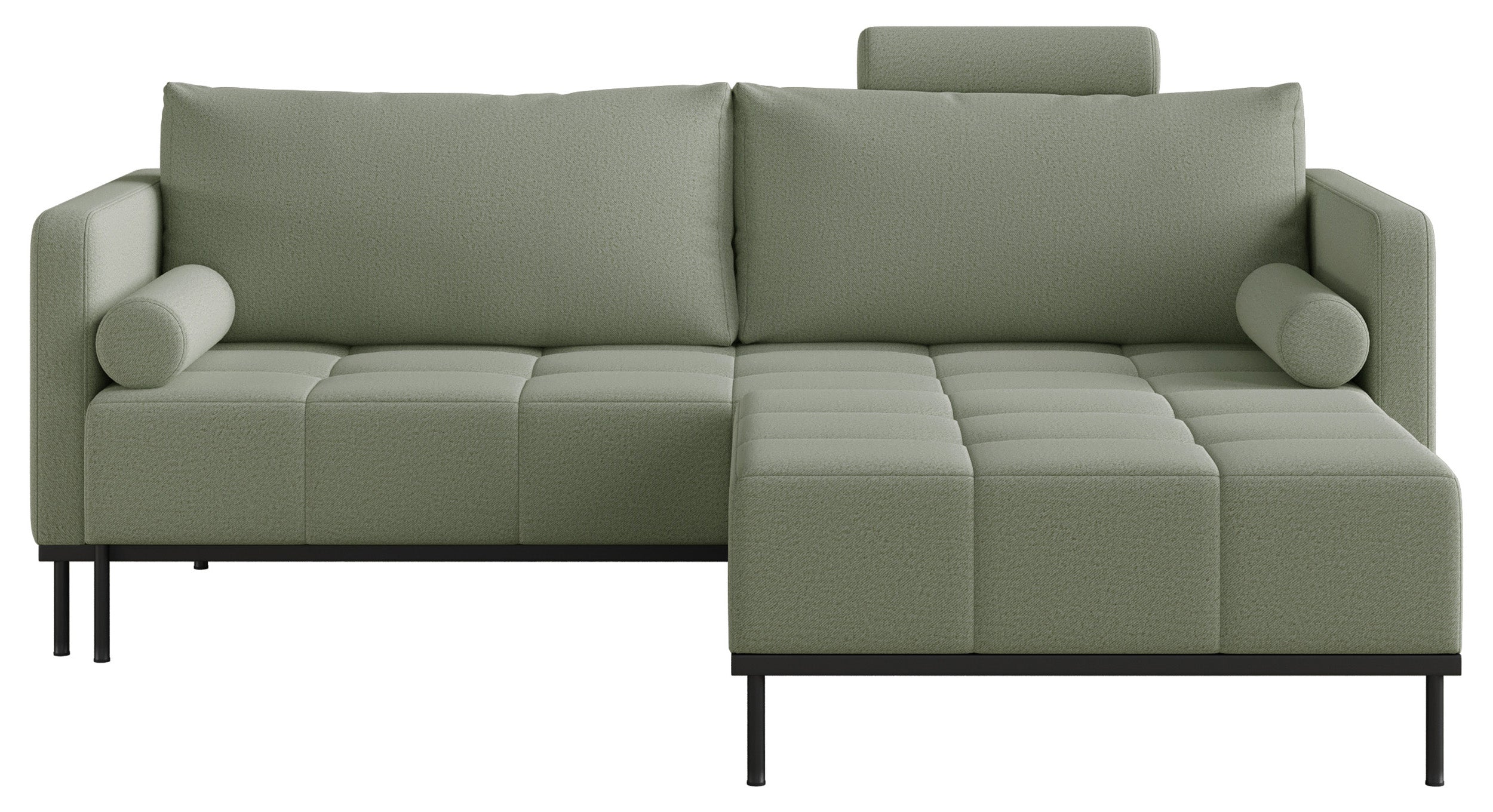 Dreisitziges ausklappbares Sofa Skilia mit Hocker, salbeigrüner, pflegeleichter Strickstoff