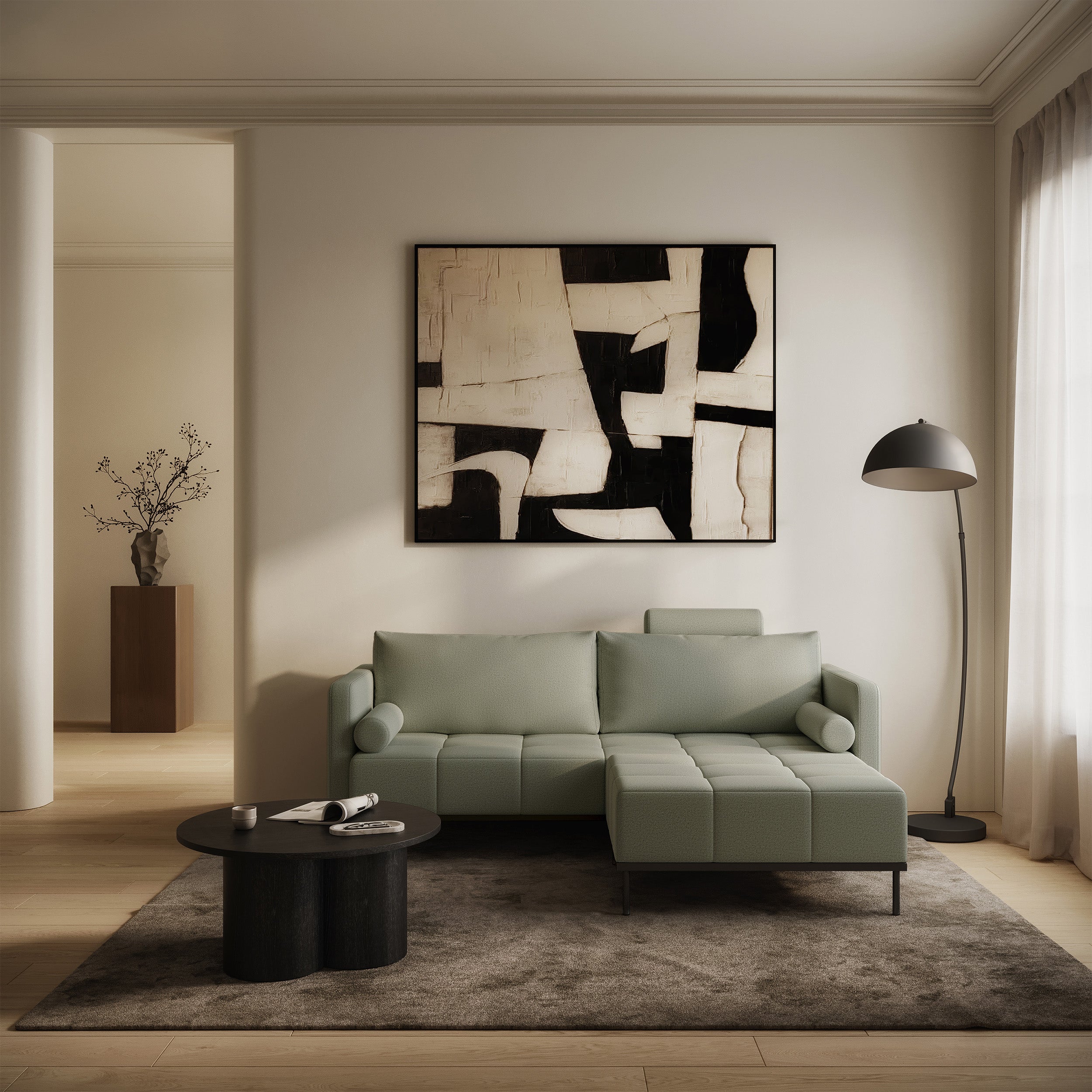 Dreisitziges ausklappbares Sofa Skilia mit Hocker, salbeigrüner, pflegeleichter Strickstoff
