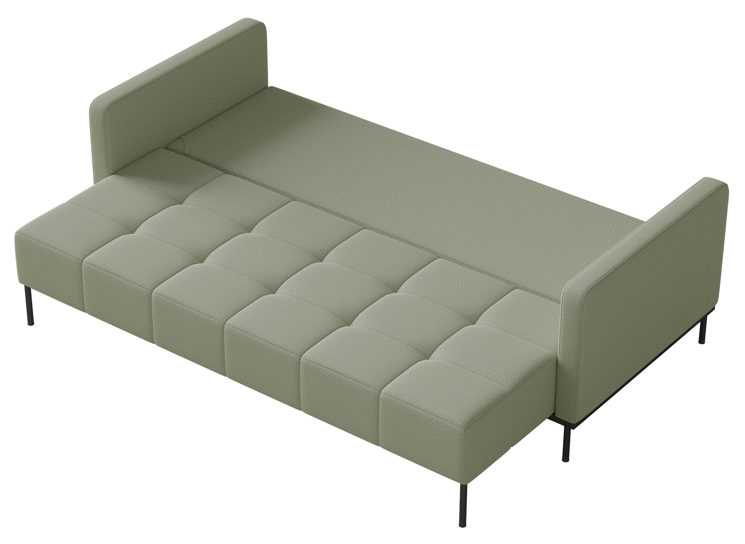 Dreisitziges ausklappbares Sofa Skilia mit Hocker, salbeigrüner, pflegeleichter Strickstoff