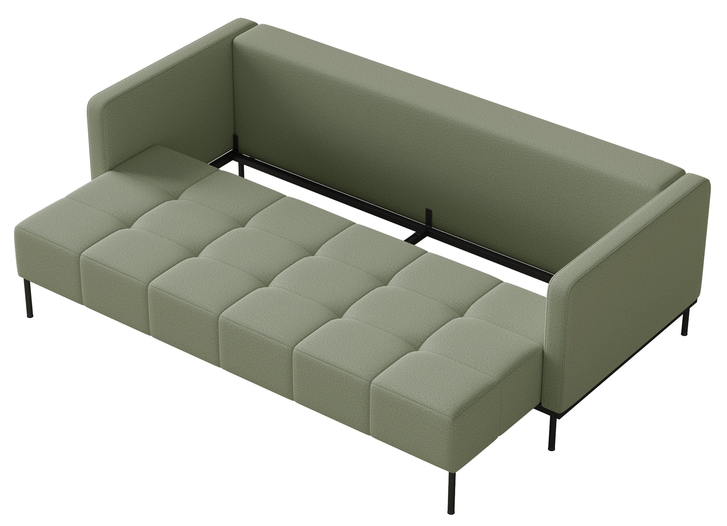 Dreisitziges ausklappbares Sofa Skilia mit Hocker, salbeigrüner, pflegeleichter Strickstoff