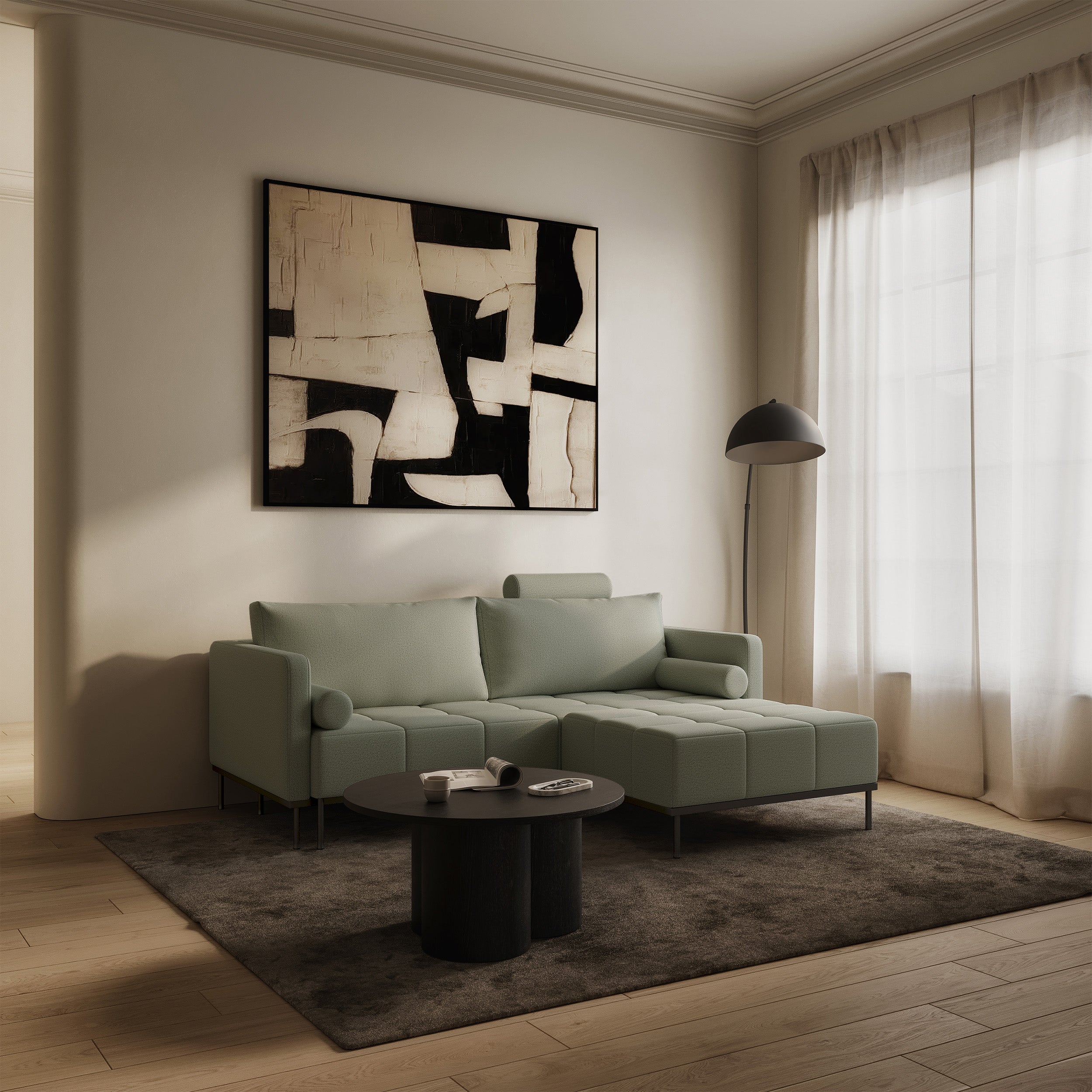 Dreisitziges ausklappbares Sofa Skilia mit Hocker, salbeigrüner, pflegeleichter Strickstoff