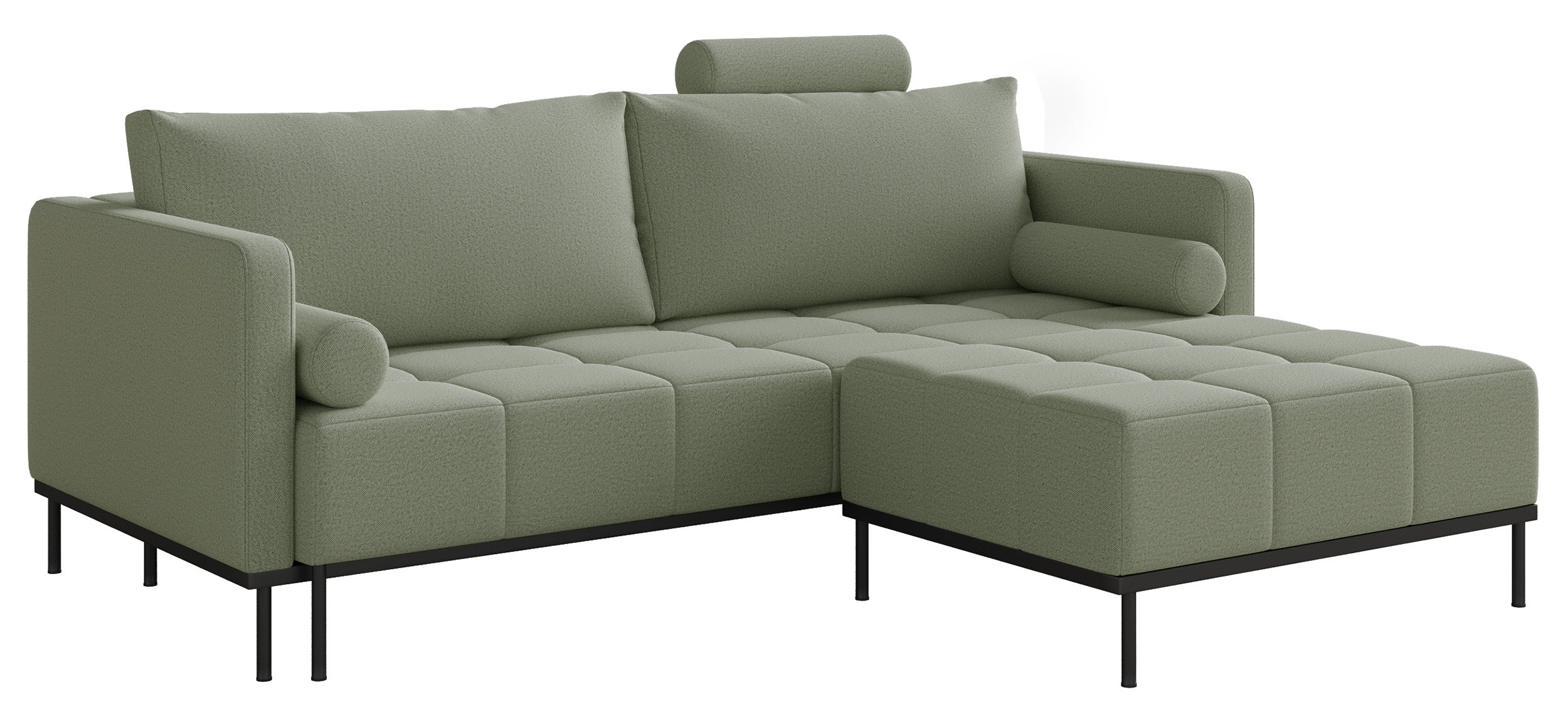 Dreisitziges ausklappbares Sofa Skilia mit Hocker, salbeigrüner, pflegeleichter Strickstoff