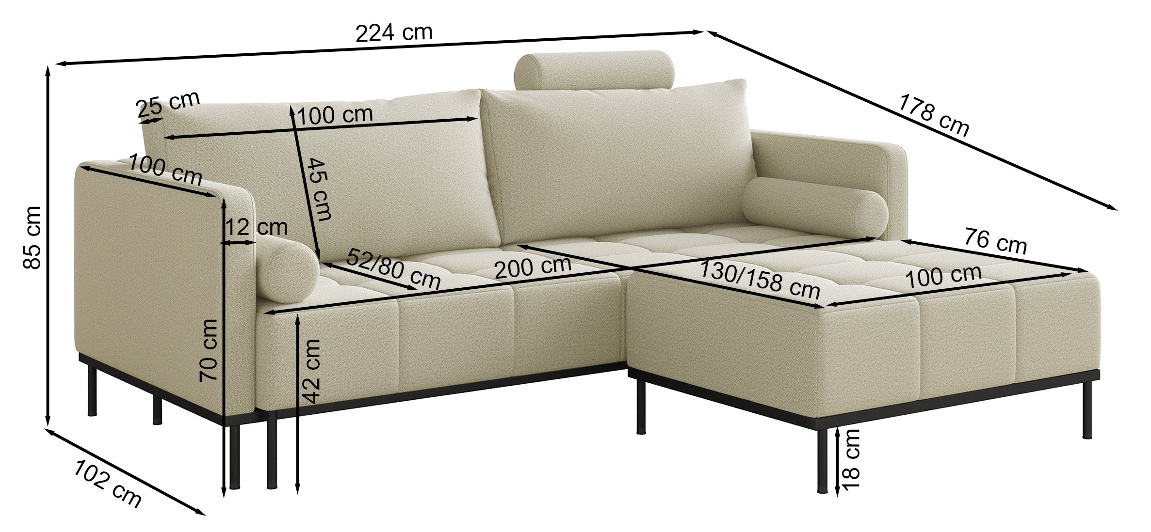 Dreisitziges ausklappbares Sofa Skilia mit Hocker, brauner, leicht zu reinigender Strickstoff