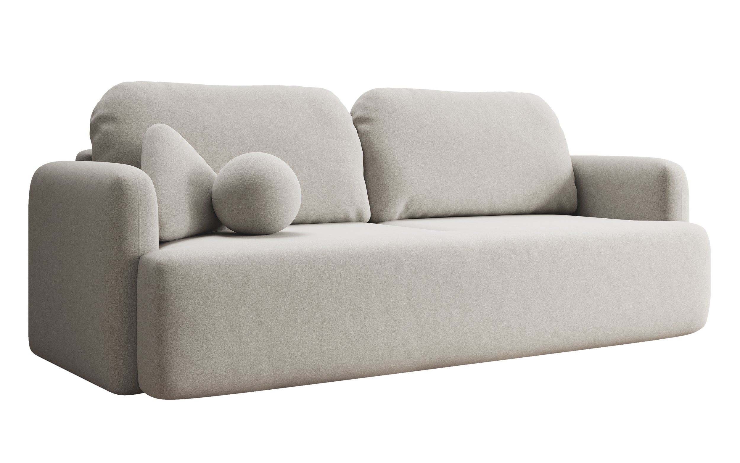 Dreisitziges ausklappbares Sofa Lambina mit Stauraum, cremefarbener Velours, leicht zu reinigen