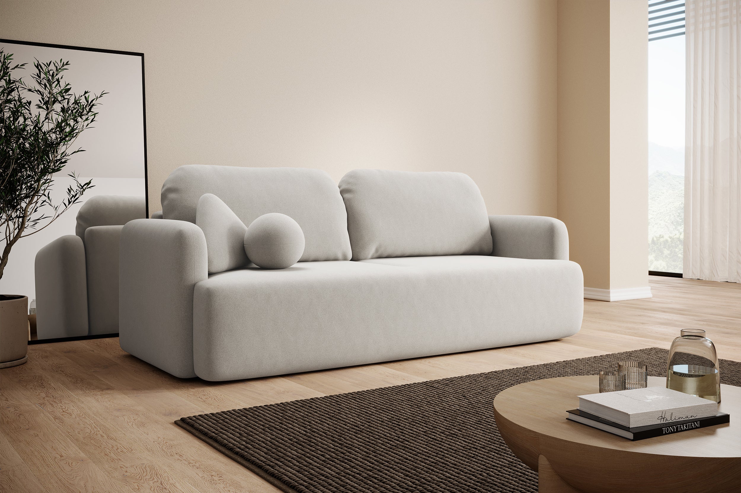 Dreisitziges ausklappbares Sofa Lambina mit Stauraum, cremefarbener Velours, leicht zu reinigen