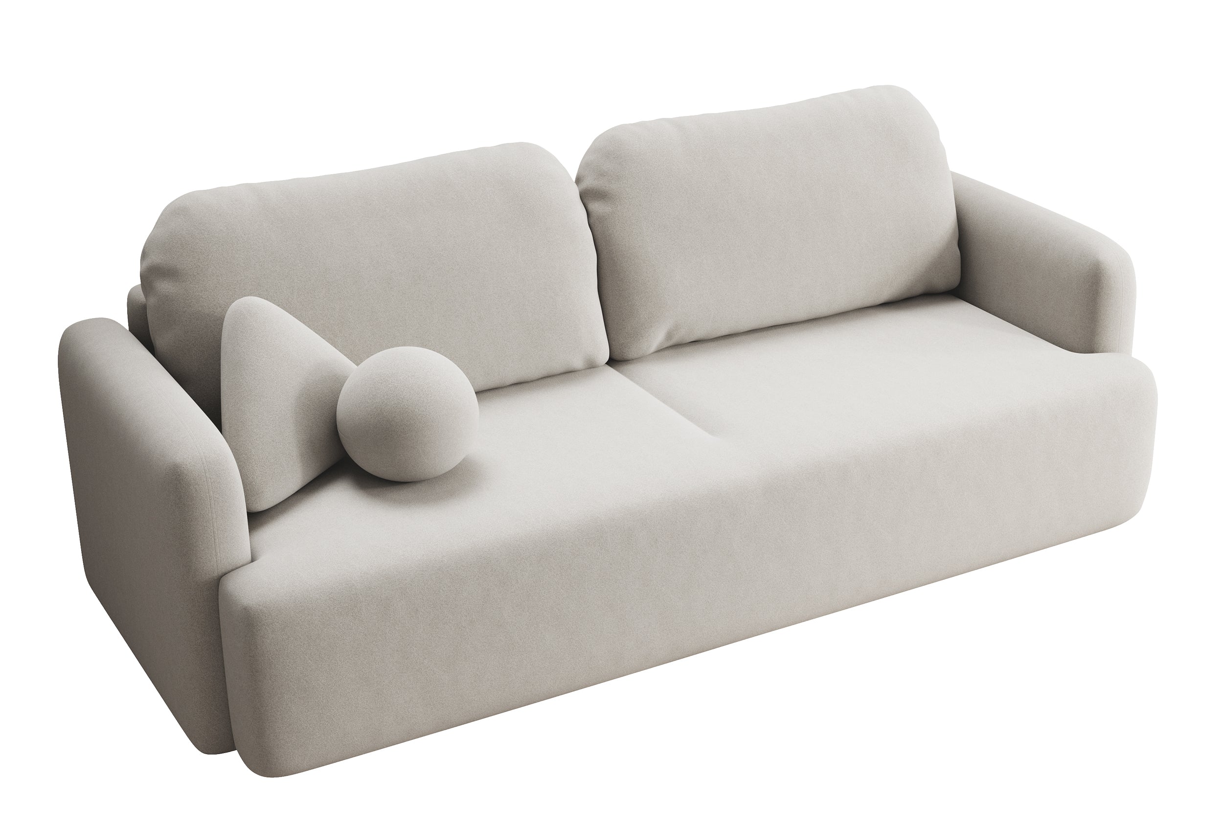 Dreisitziges ausklappbares Sofa Lambina mit Stauraum, cremefarbener Velours, leicht zu reinigen