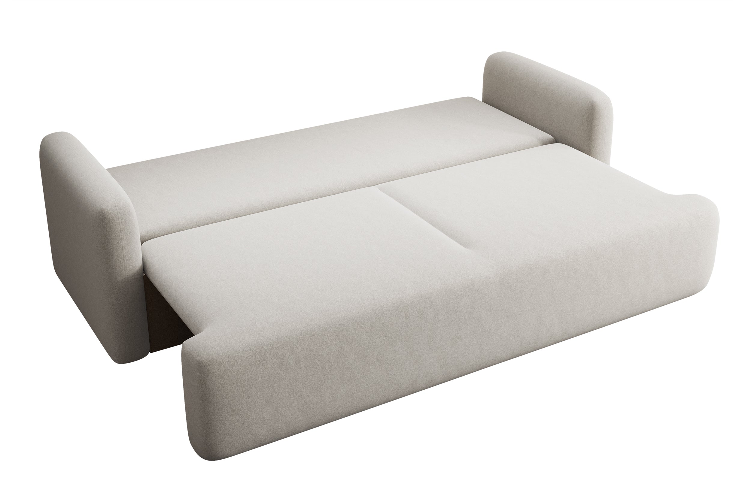 Dreisitziges ausklappbares Sofa Lambina mit Stauraum, cremefarbener Velours, leicht zu reinigen