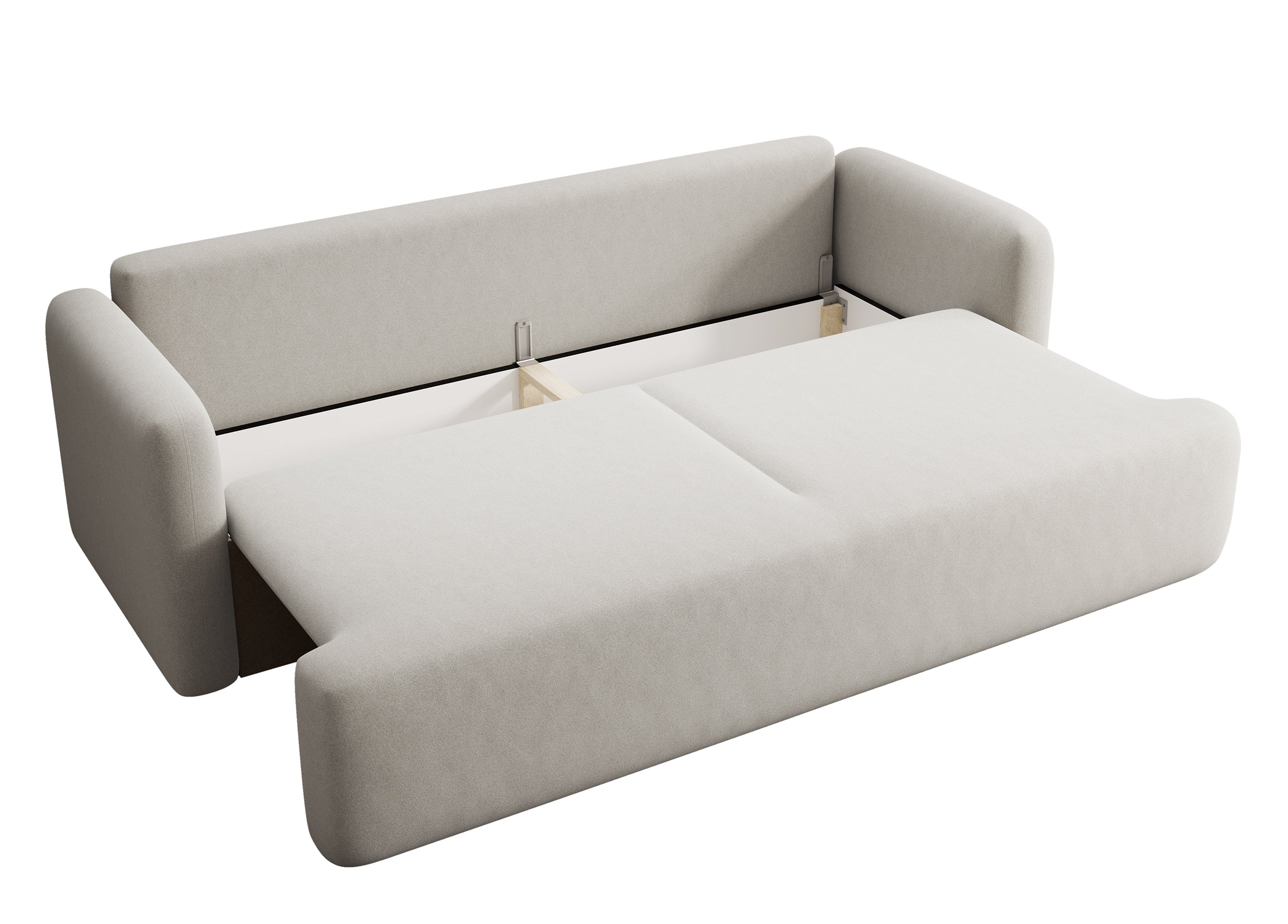 Dreisitziges ausklappbares Sofa Lambina mit Stauraum, cremefarbener Velours, leicht zu reinigen