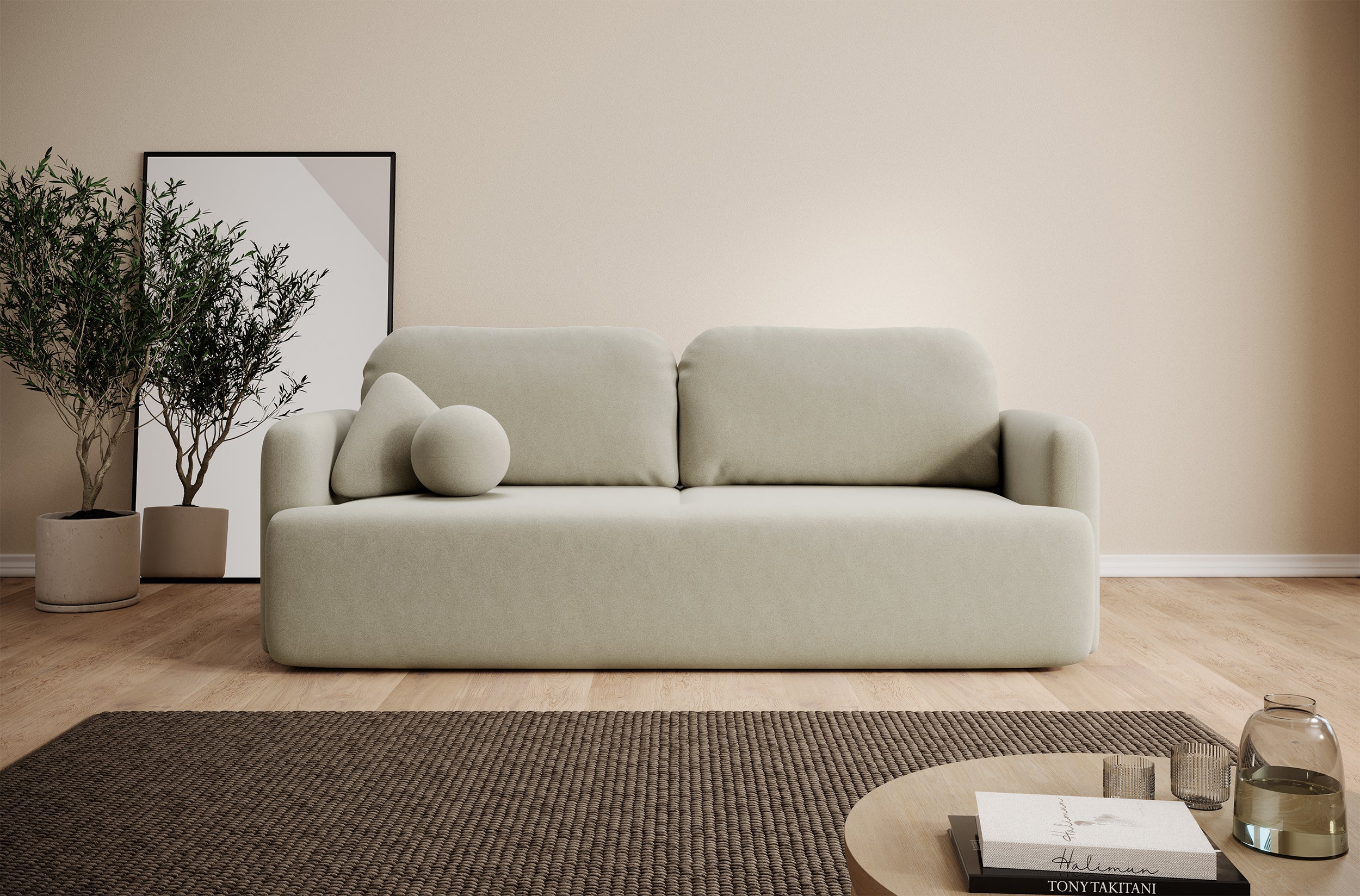 Dreisitziges ausklappbares Sofa Lambina mit Stauraum, beige, pflegeleichter Velours