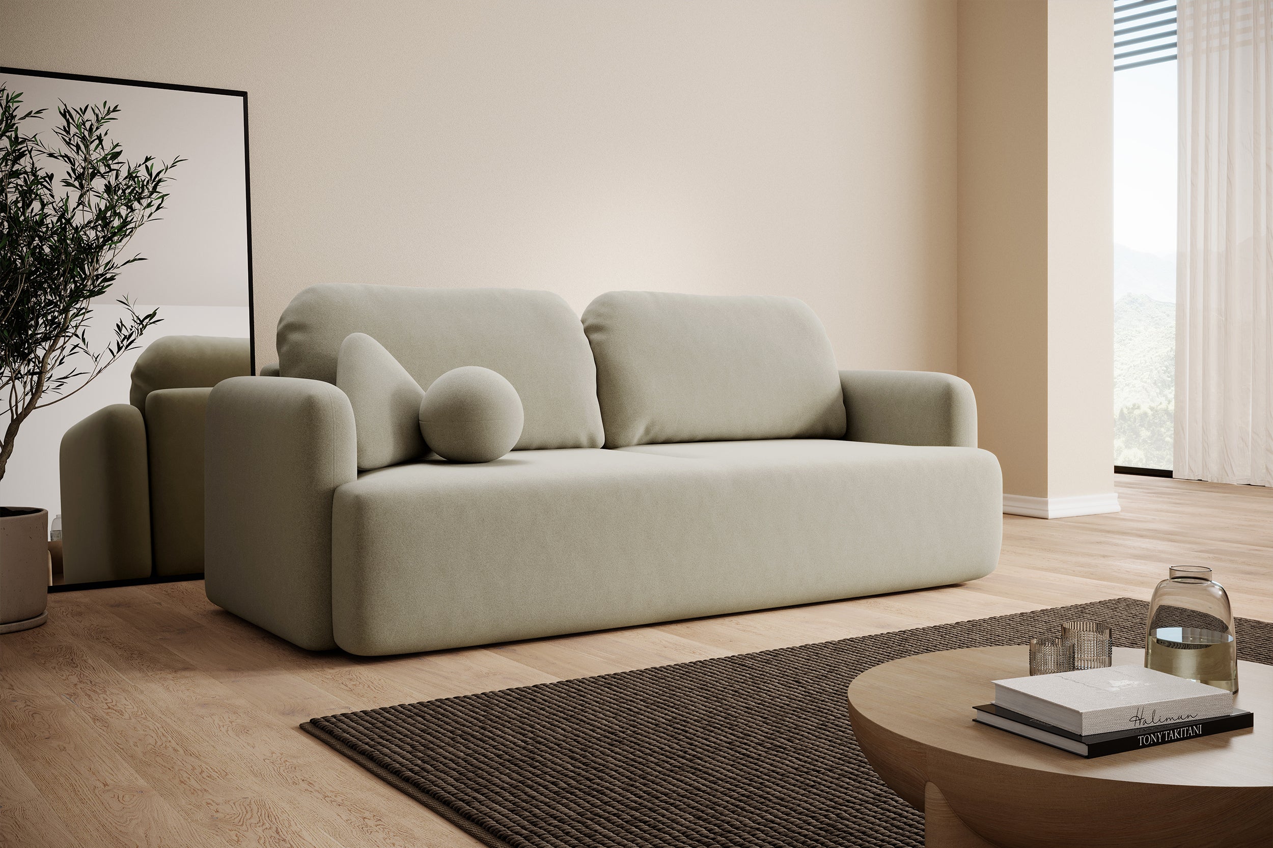 Dreisitziges ausklappbares Sofa Lambina mit Stauraum, beige, pflegeleichter Velours