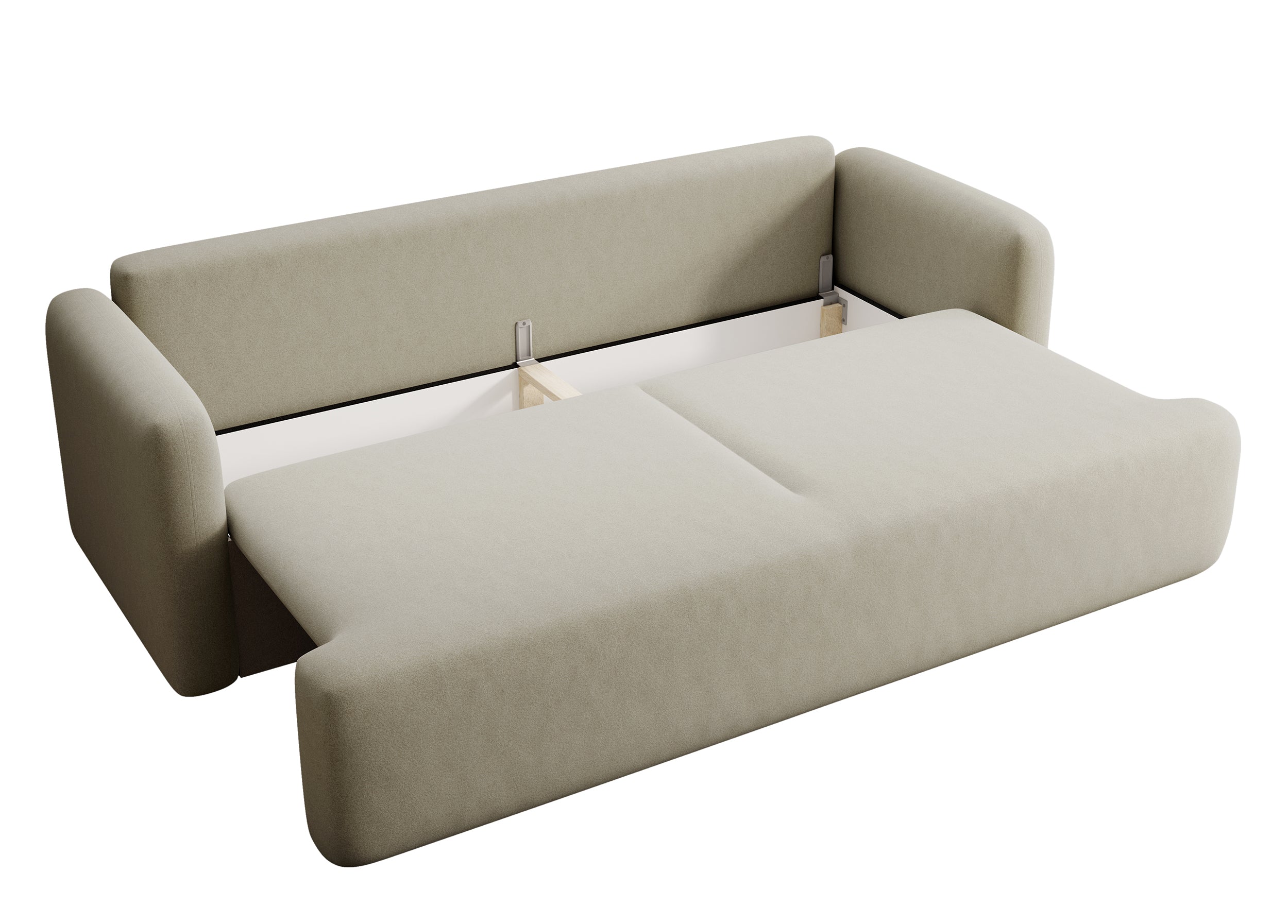 Dreisitziges ausklappbares Sofa Lambina mit Stauraum, beige, pflegeleichter Velours