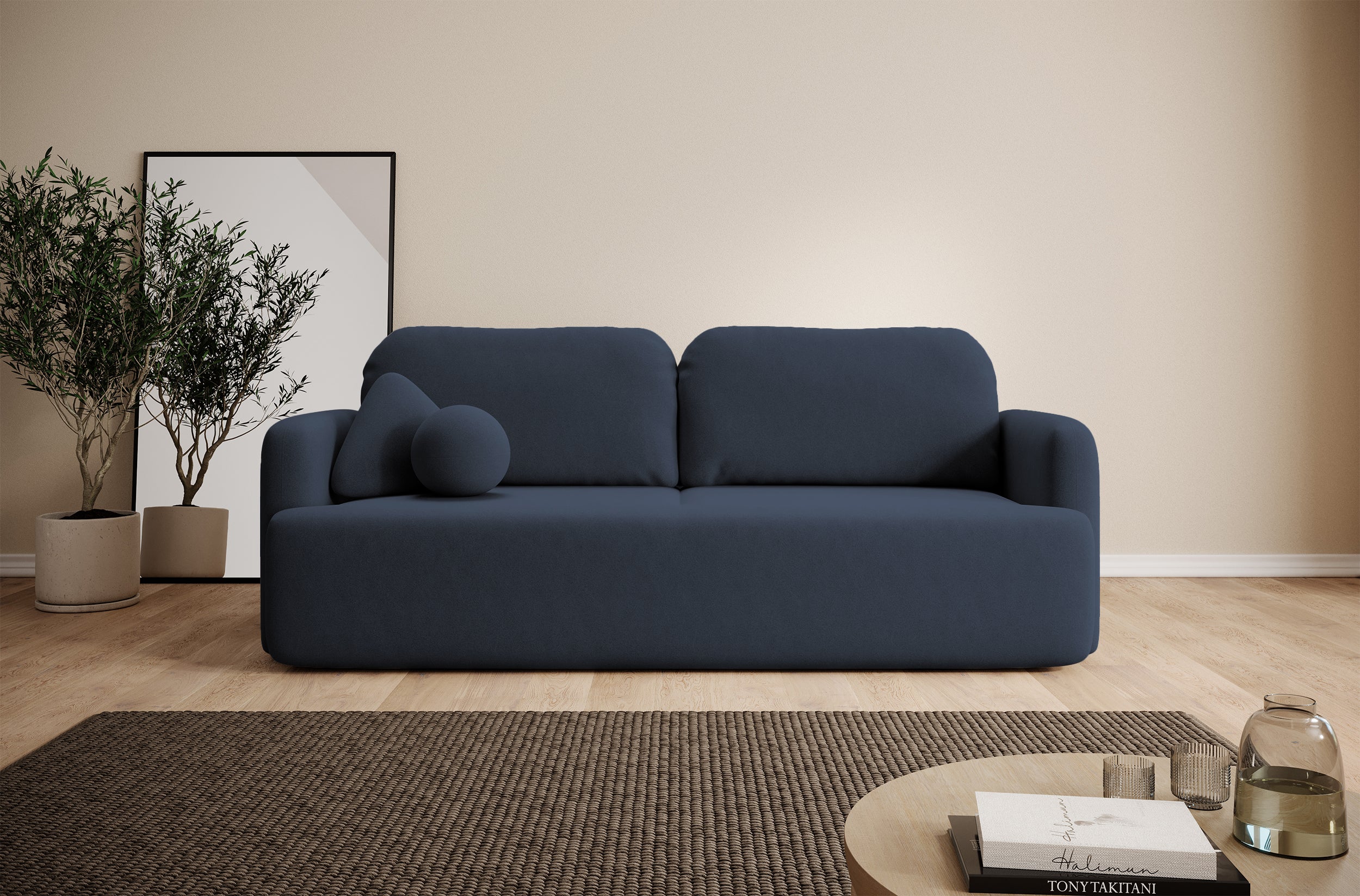 Dreisitziges, ausklappbares Sofa Lambina mit Stauraum, marineblauer, leicht zu reinigender Samtvelours