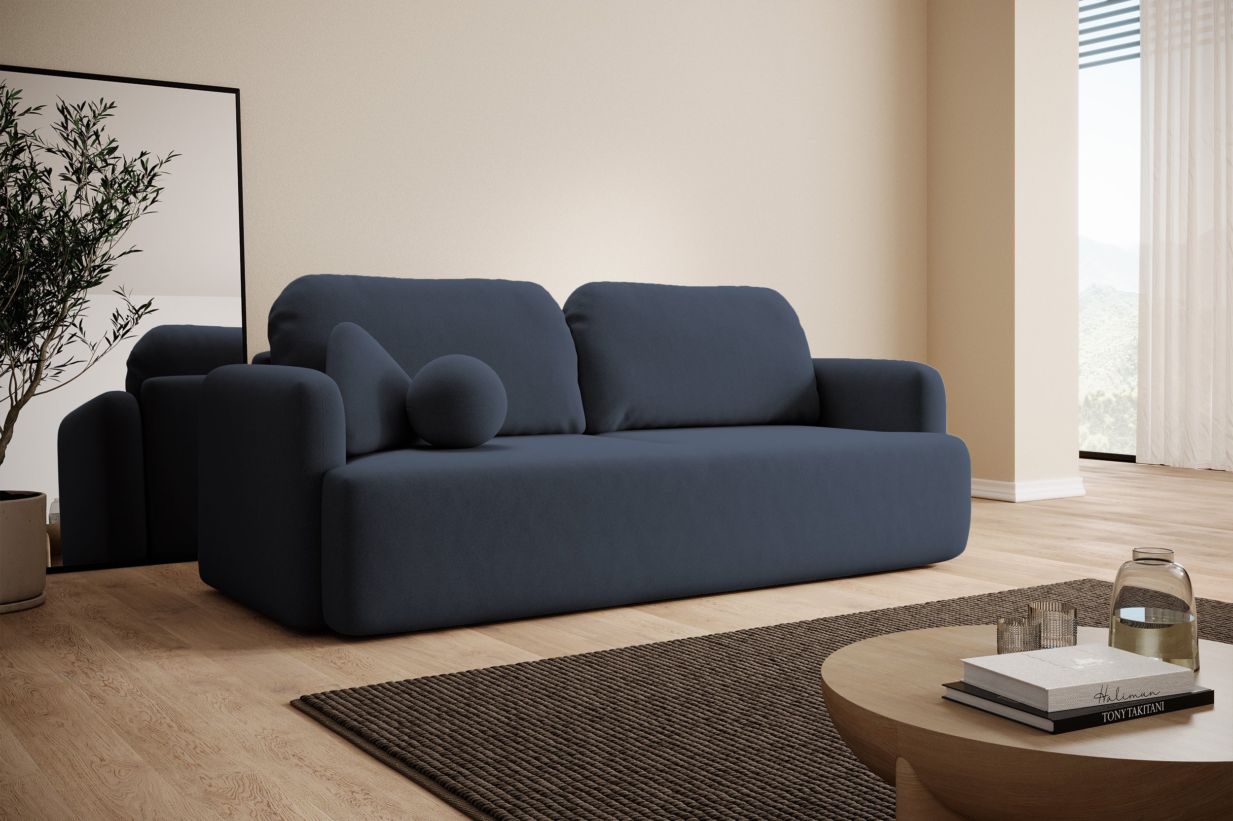 Dreisitziges, ausklappbares Sofa Lambina mit Stauraum, marineblauer, leicht zu reinigender Samtvelours