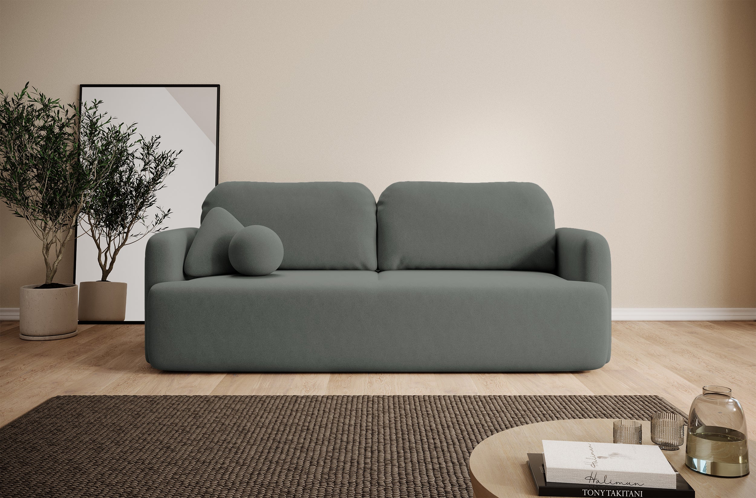 Dreisitziges ausklappbares Sofa Lambina mit Stauraum, dunkelgrauer, pflegeleichter Samtvelours