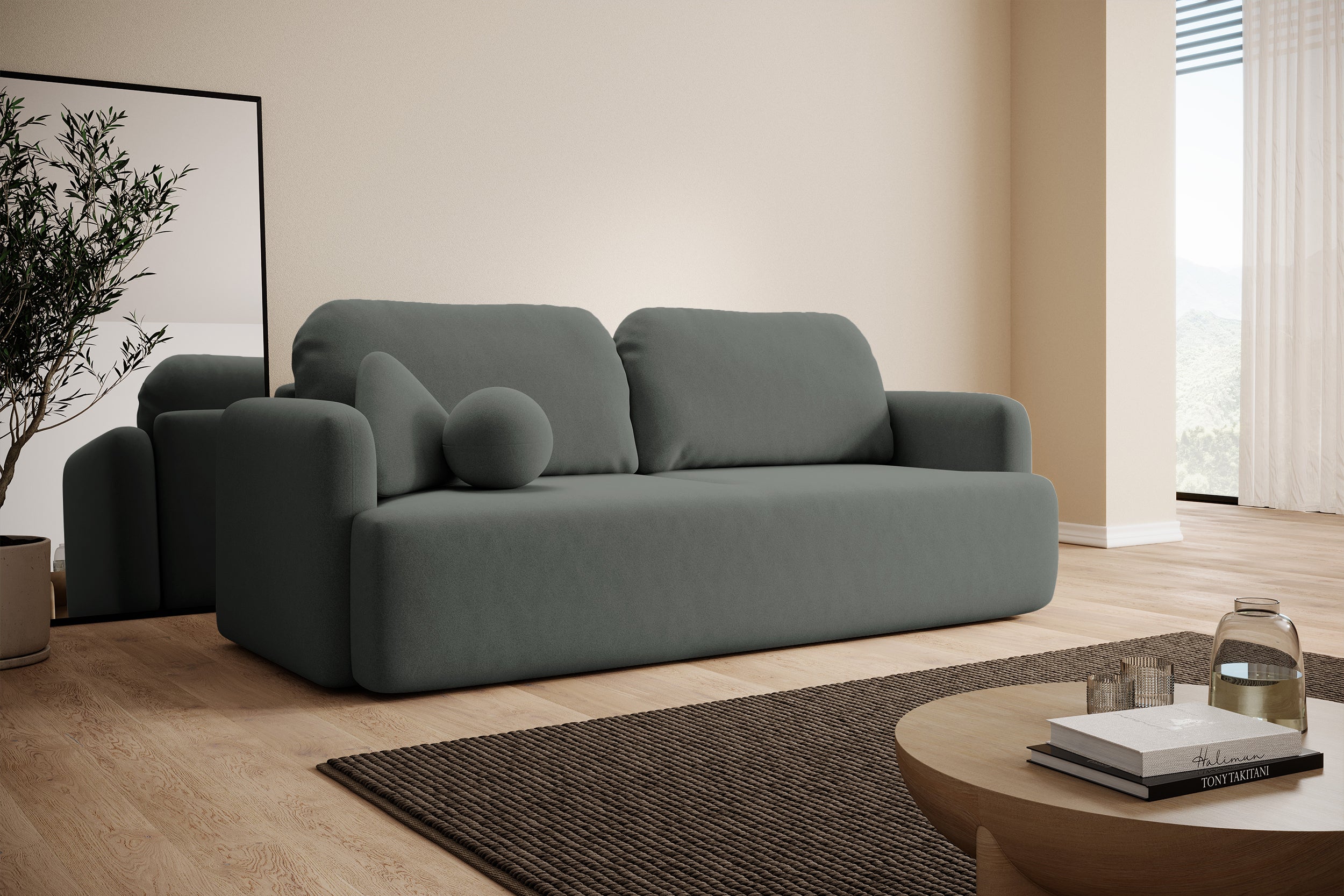 Dreisitziges ausklappbares Sofa Lambina mit Stauraum, dunkelgrauer, pflegeleichter Samtvelours