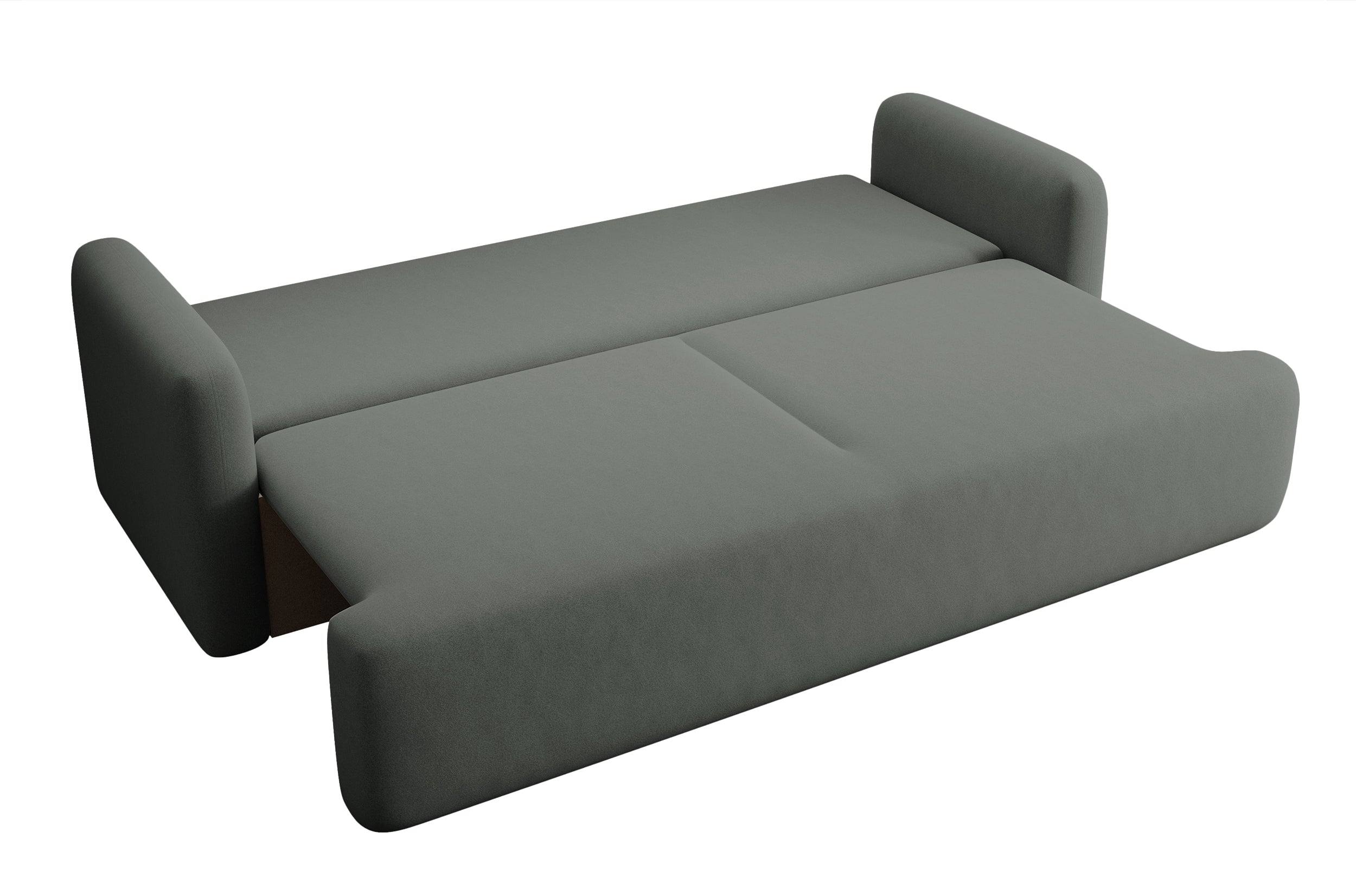 Dreisitziges ausklappbares Sofa Lambina mit Stauraum, dunkelgrauer, pflegeleichter Samtvelours