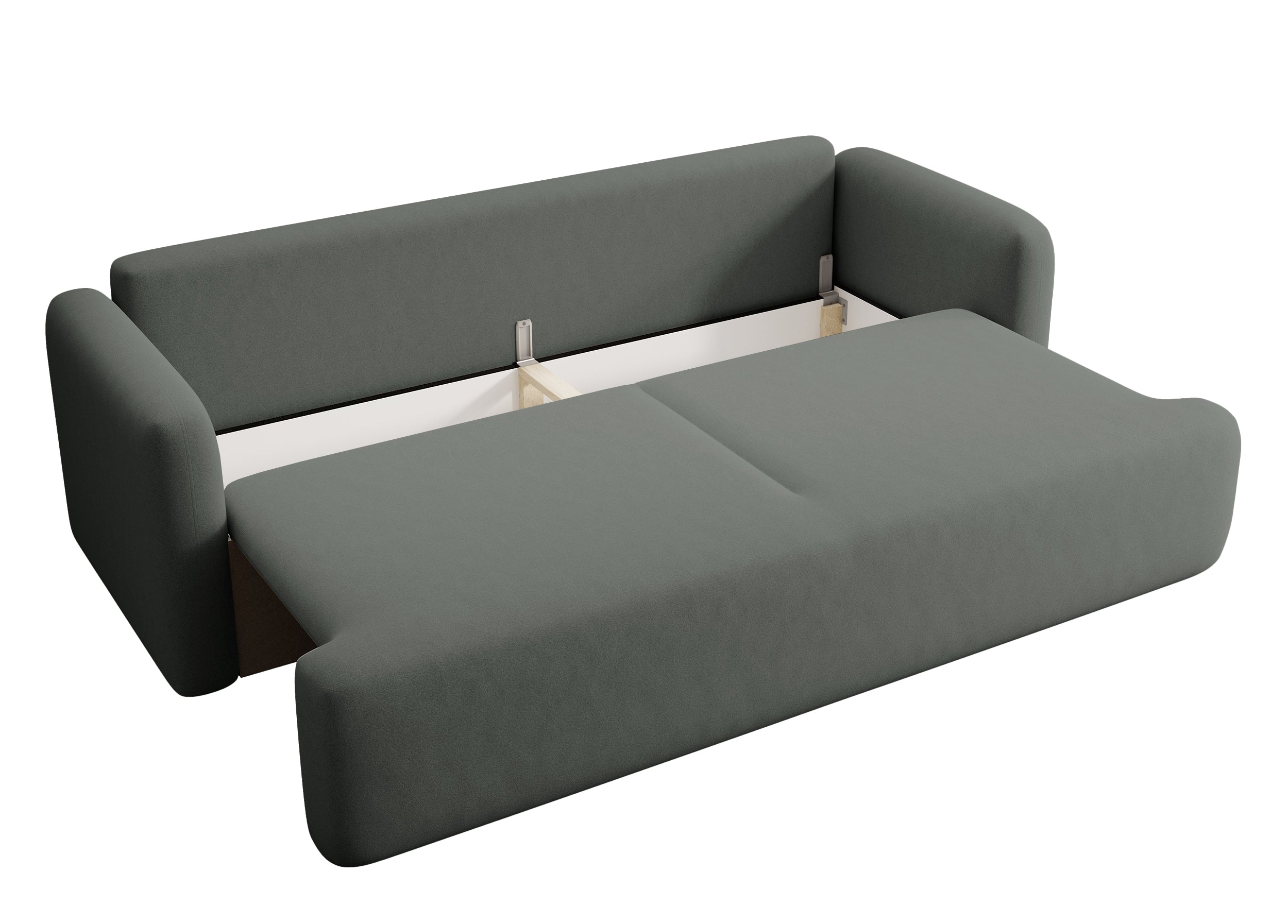 Dreisitziges ausklappbares Sofa Lambina mit Stauraum, dunkelgrauer, pflegeleichter Samtvelours