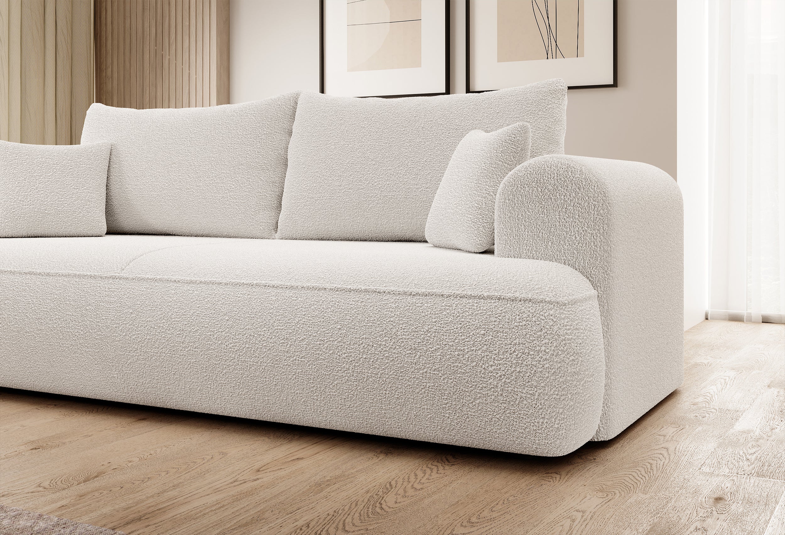 Drei-Sitzer-Schlafsofa Ovo mit Stauraum, cremefarbenes Bouclé