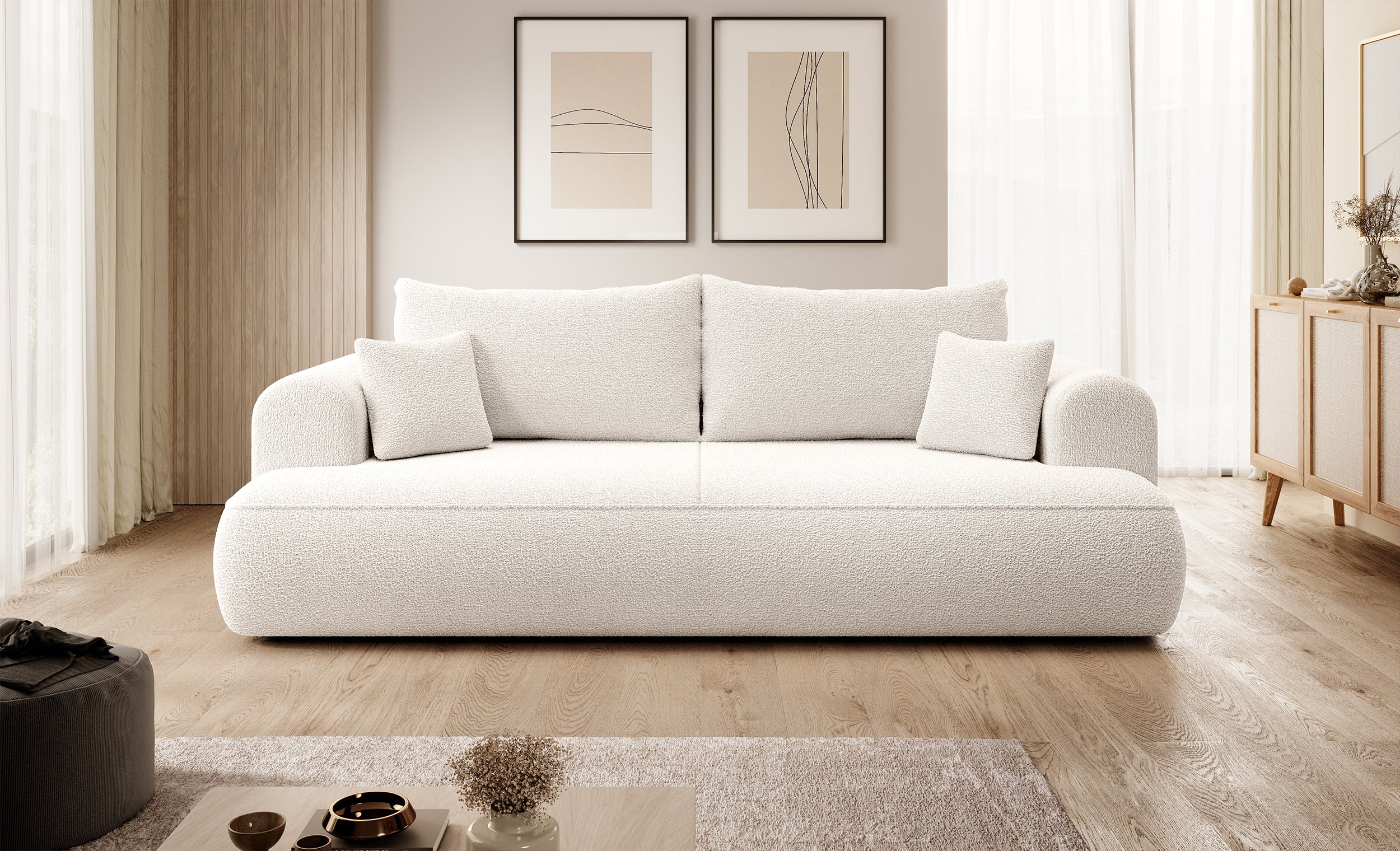 Drei-Sitzer-Schlafsofa Ovo mit Stauraum, cremefarbenes Bouclé