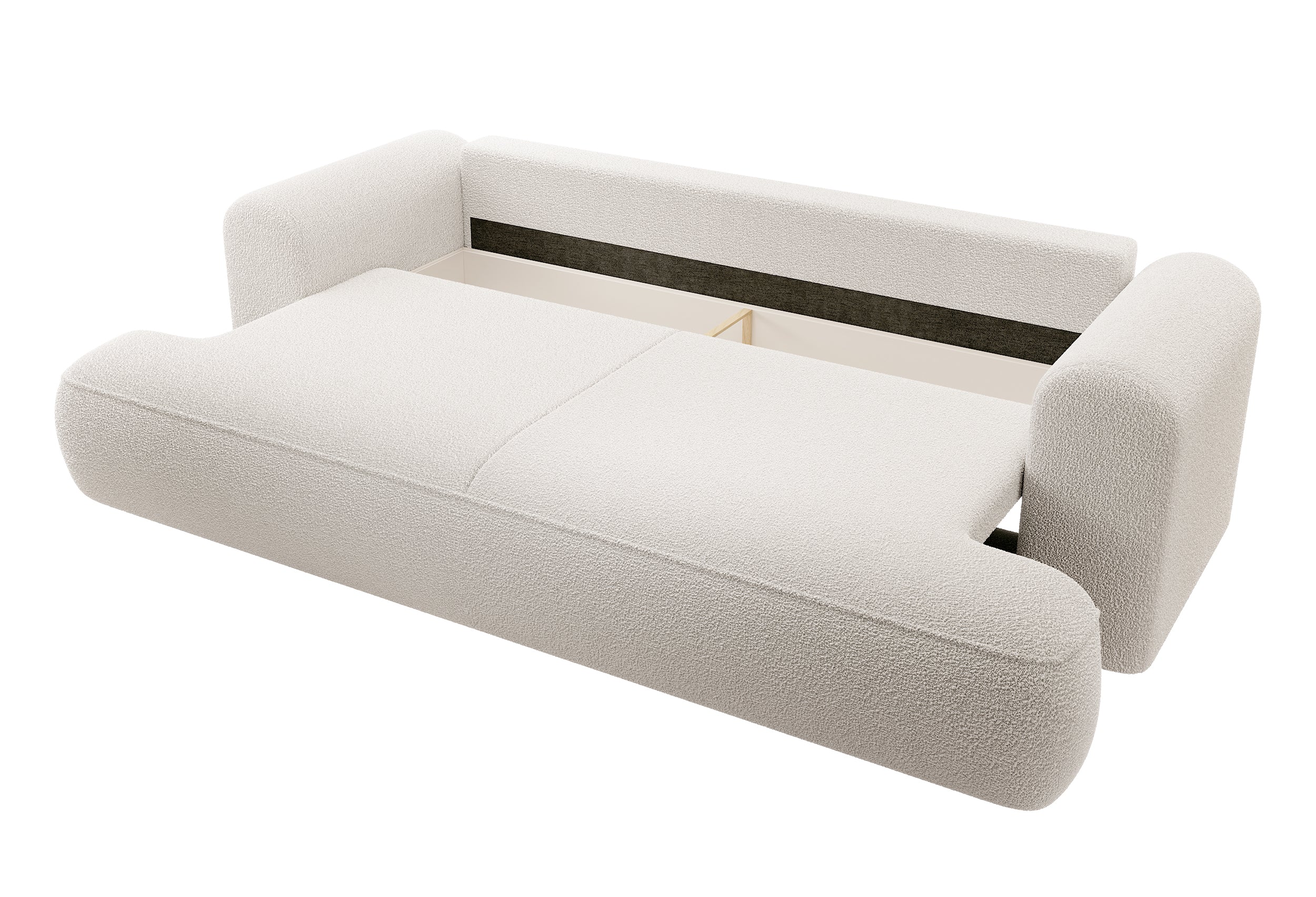 Drei-Sitzer-Schlafsofa Ovo mit Stauraum, cremefarbenes Bouclé