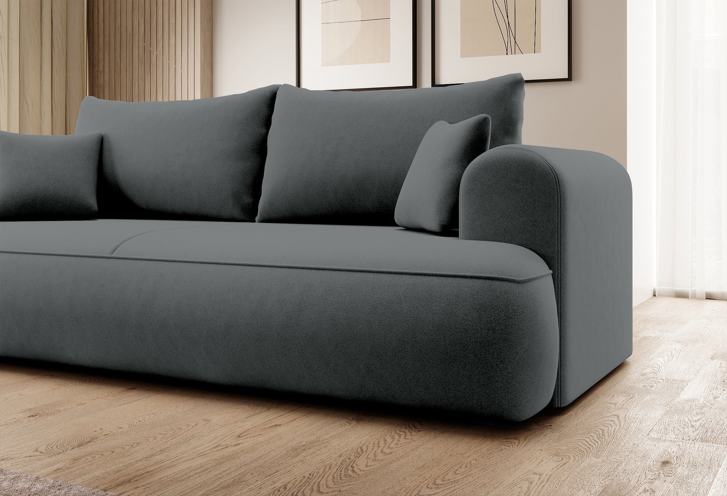 Drei-Sitzer-Schlafsofa Ovo mit Stauraum, dunkelgrauer Samt aus pflegeleichtem Stoff