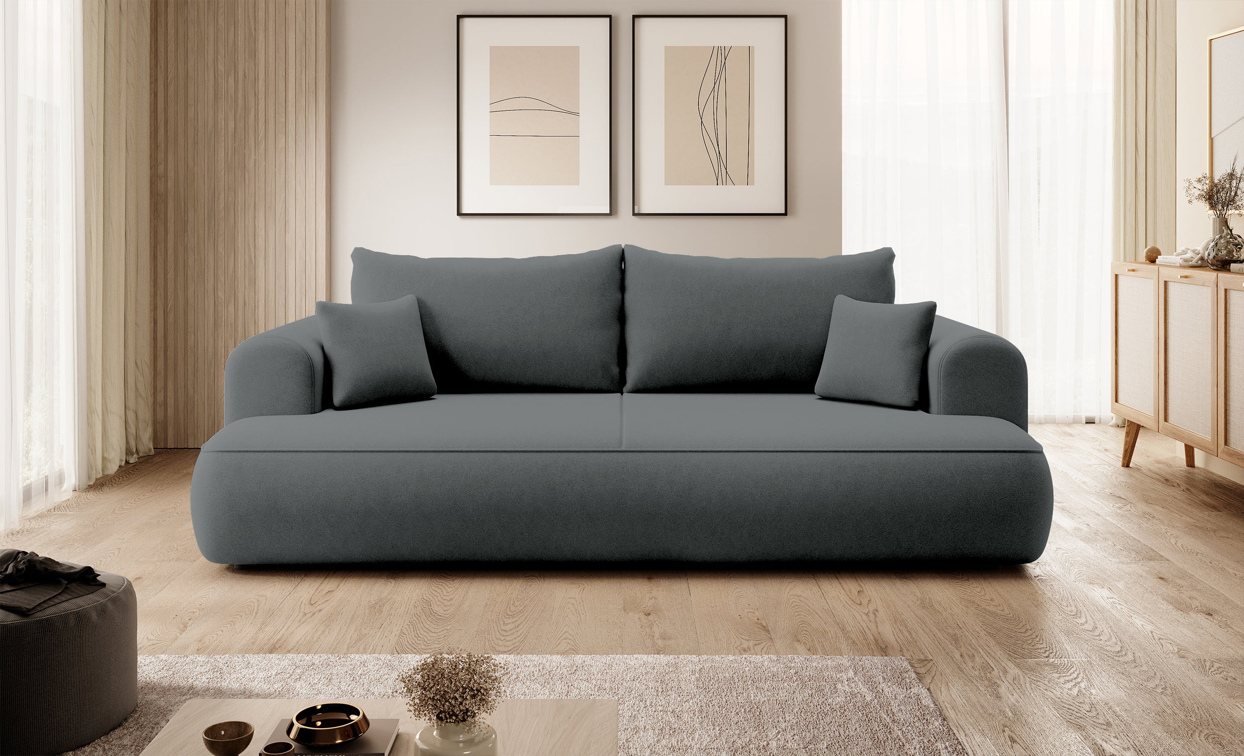 Drei-Sitzer-Schlafsofa Ovo mit Stauraum, dunkelgrauer Samt aus pflegeleichtem Stoff