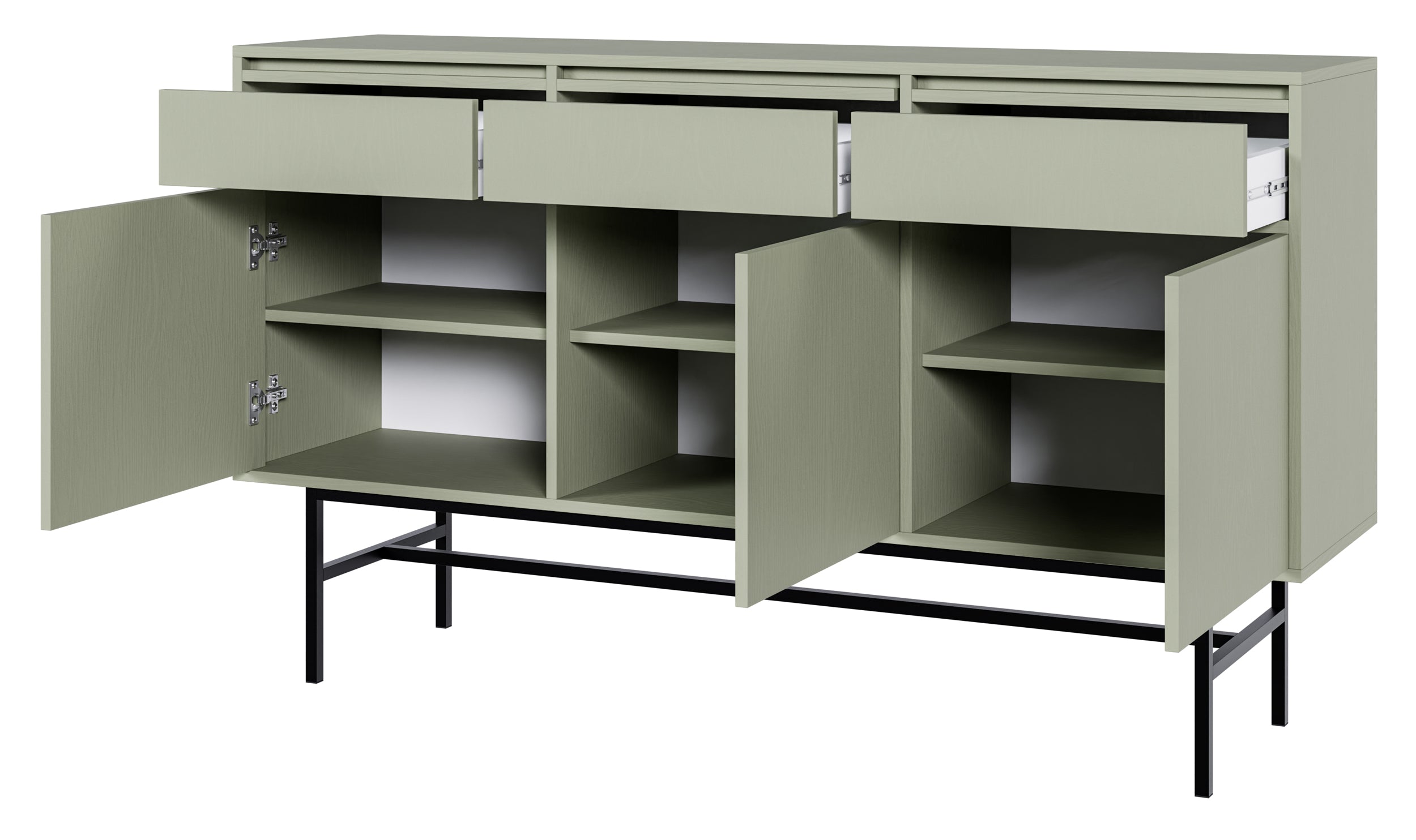 Drehtür-Kommode Evo mit Schubladen und Gestell 154 cm Salbeigrün
