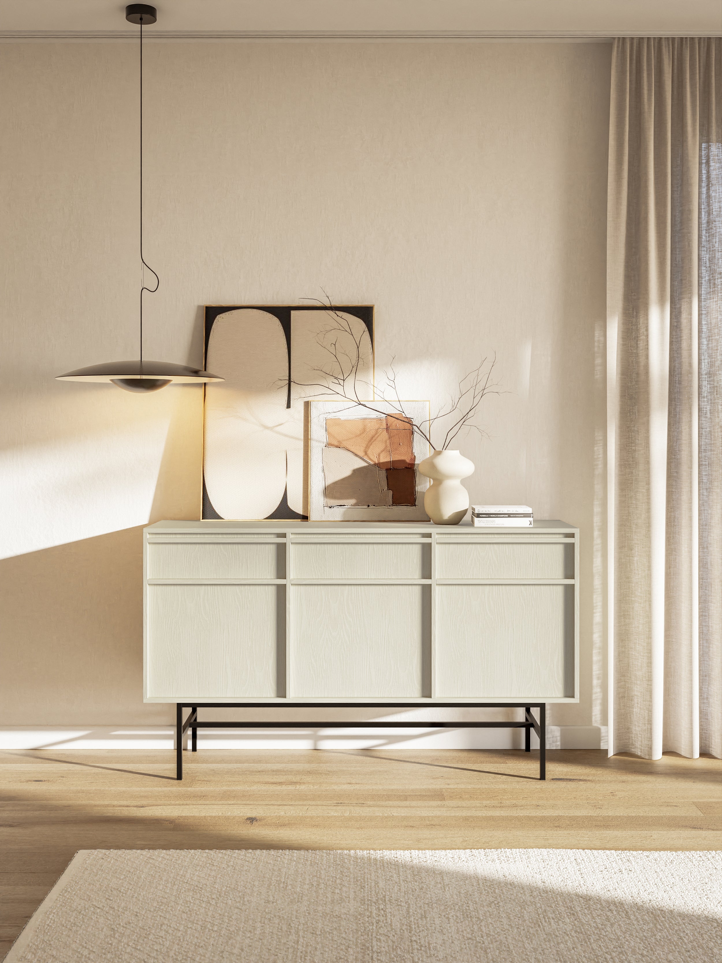 Drehtür-Kommode Evo mit Schubladen und Gestell 154 cm Sandbeige