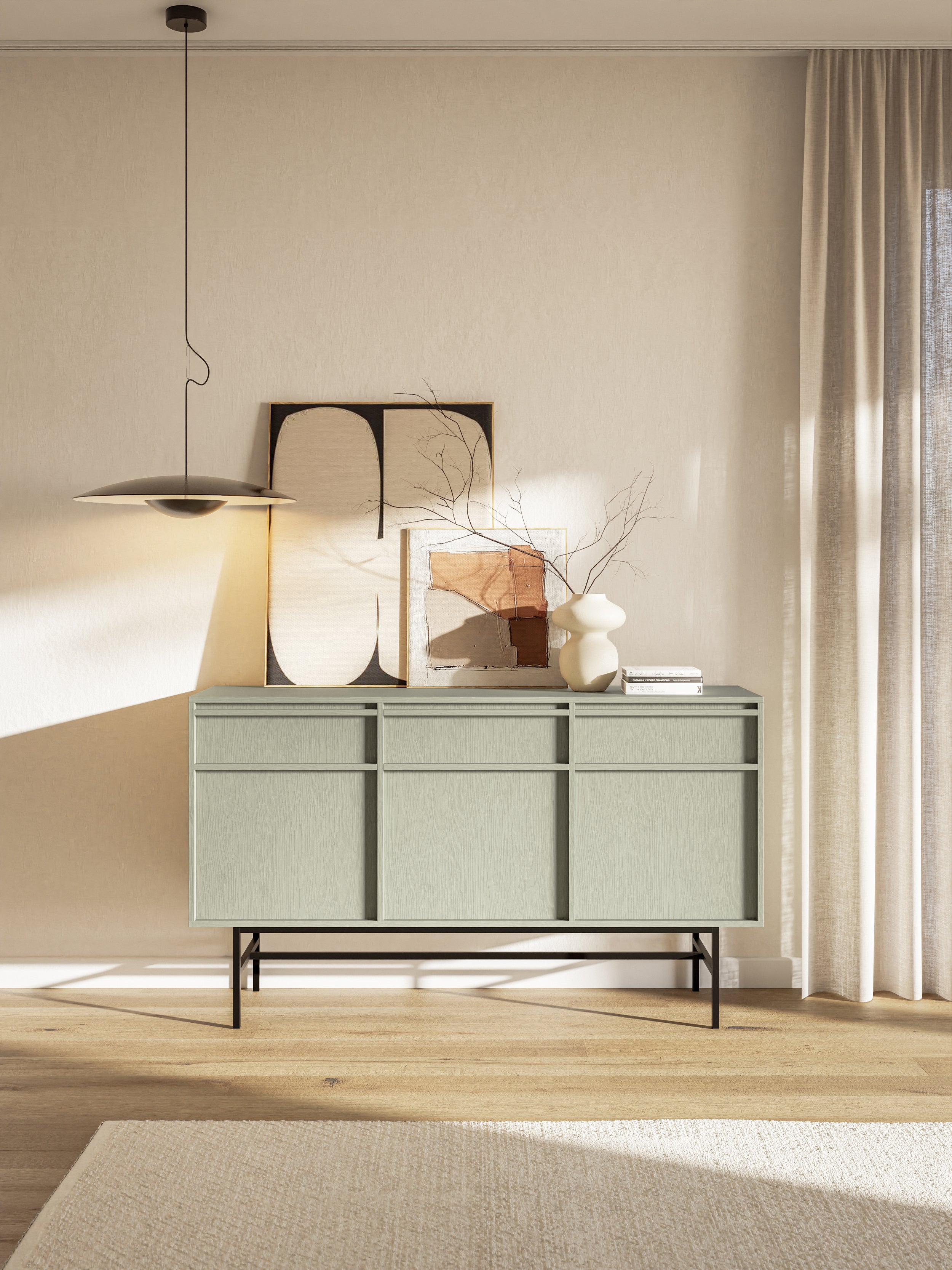 Drehtür-Kommode Evo mit Schubladen und Gestell 154 cm Salbeigrün