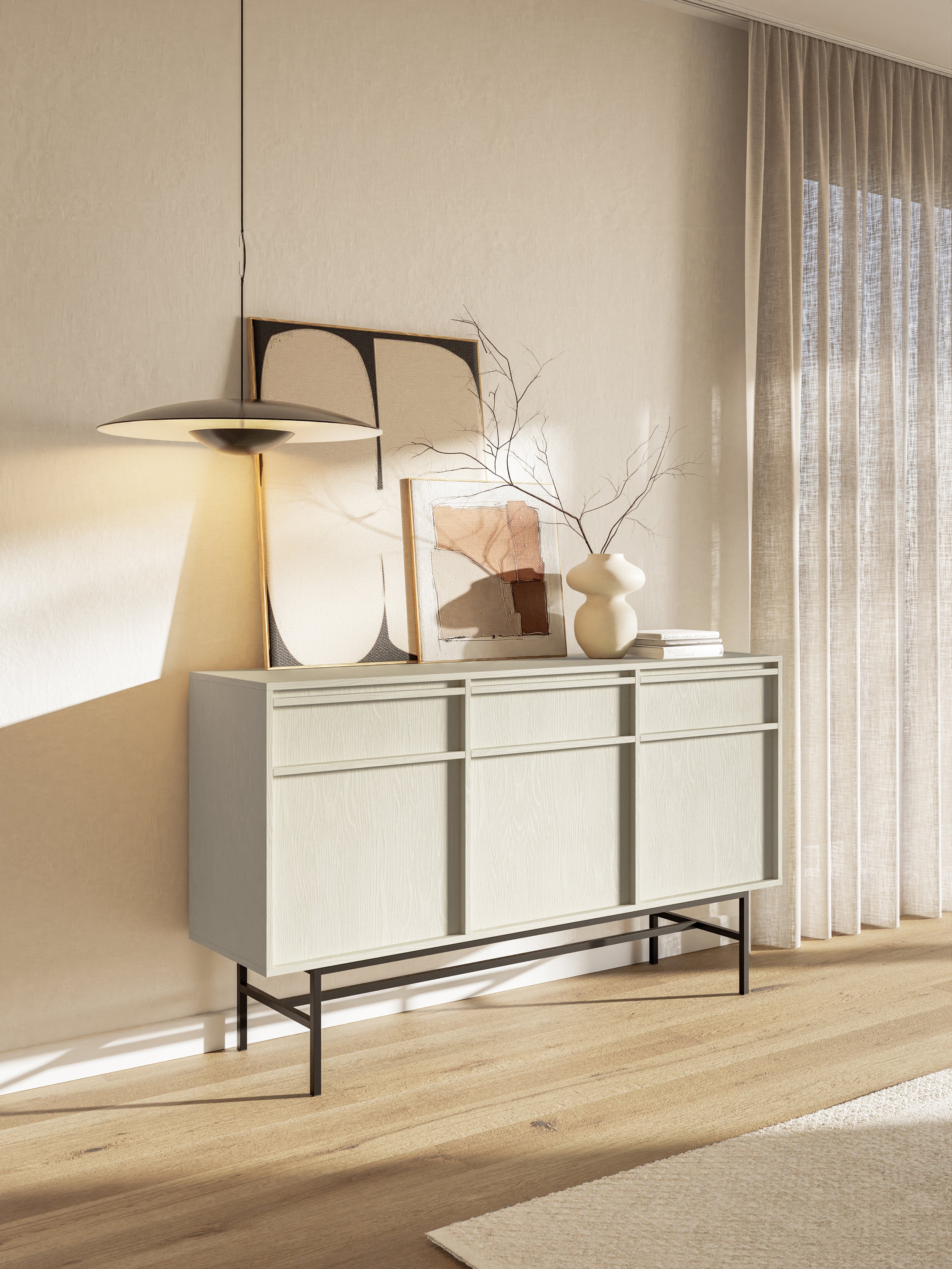Drehtür-Kommode Evo mit Schubladen und Gestell 154 cm Sandbeige
