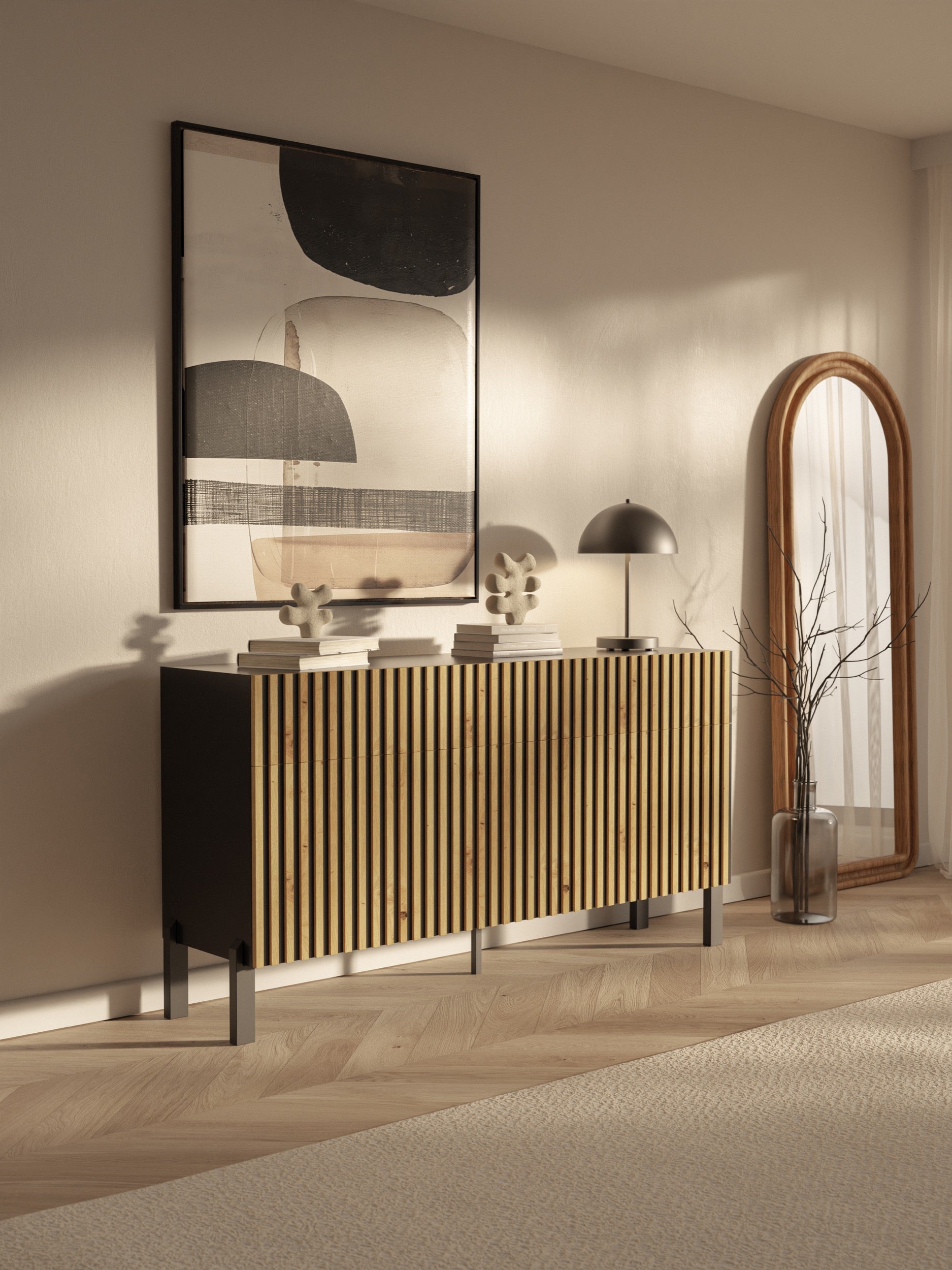 Drehtür-Kommode Telire 154 cm mit drei Schubladen und Lamellenfront, schwarz/Artisan-Eiche