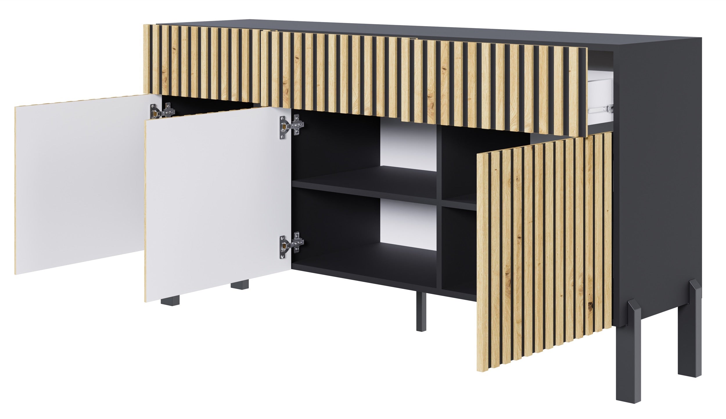 Drehtür-Kommode Telire 154 cm mit drei Schubladen und Lamellenfront, schwarz/Artisan-Eiche