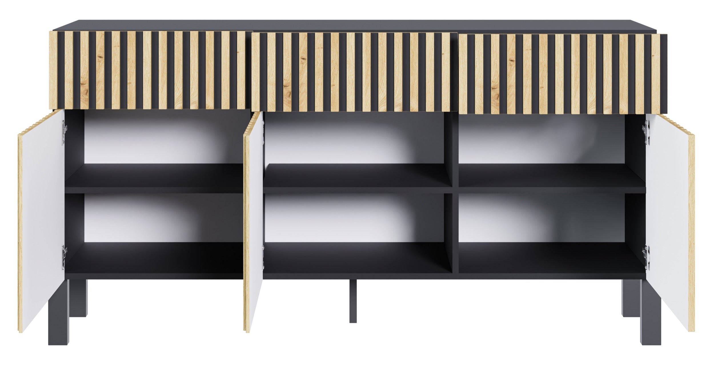 Drehtür-Kommode Telire 154 cm mit drei Schubladen und Lamellenfront, schwarz/Artisan-Eiche