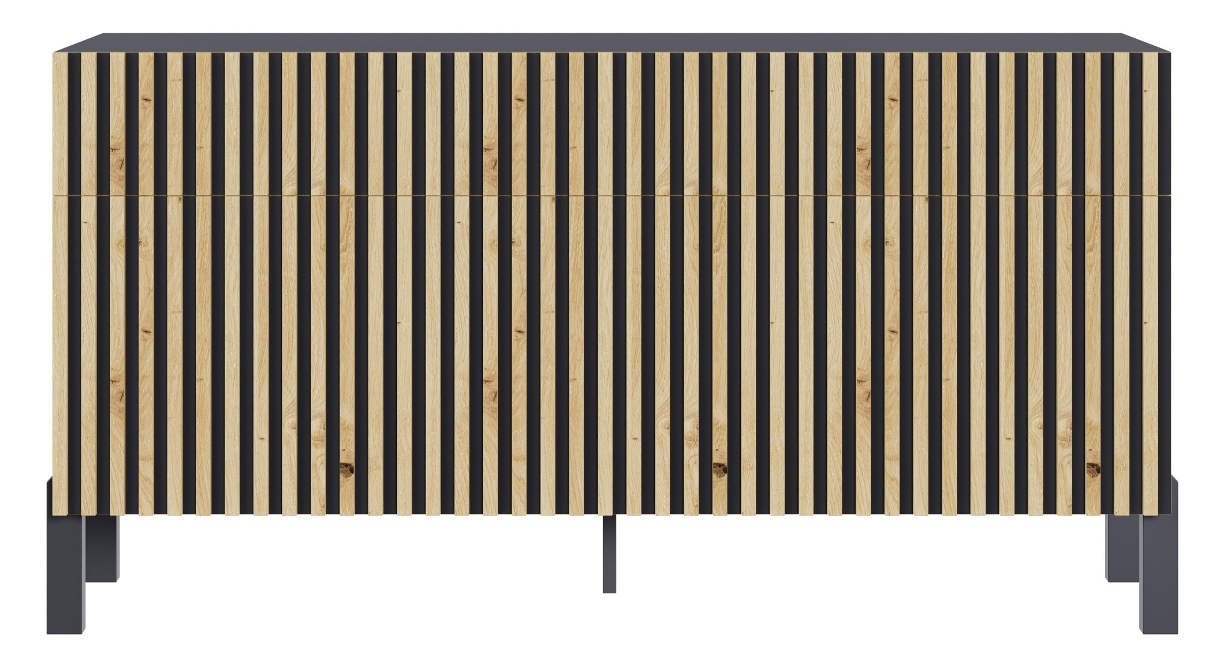 Drehtür-Kommode Telire 154 cm mit drei Schubladen und Lamellenfront, schwarz/Artisan-Eiche