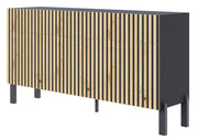 Drehtür-Kommode Telire 154 cm mit drei Schubladen und Lamellenfront, schwarz/Artisan-Eiche