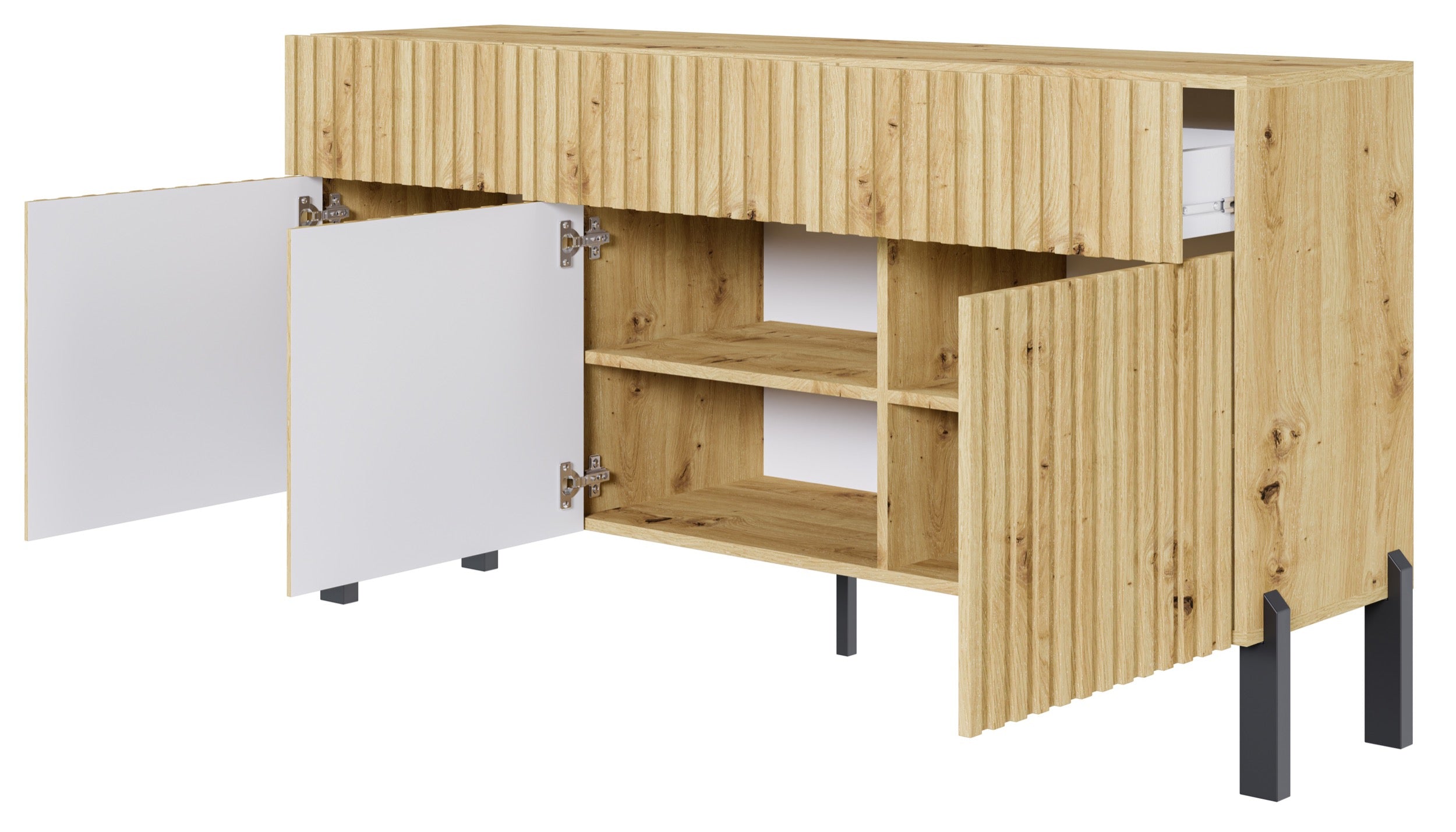 Drehtür-Kommode Telire 154 cm mit drei Schubladen und lamellenförmiger Front in Artisan-Eiche