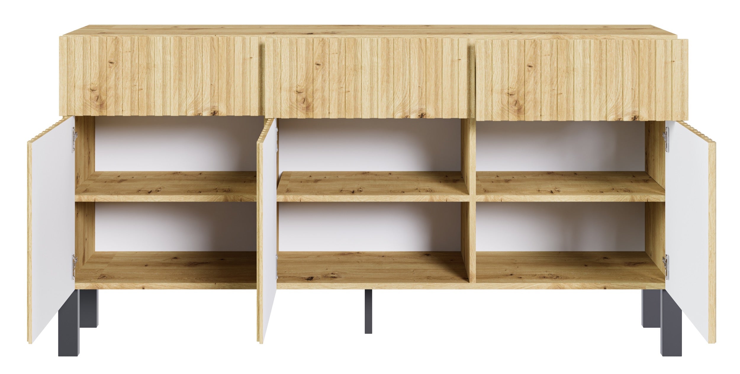 Drehtür-Kommode Telire 154 cm mit drei Schubladen und lamellenförmiger Front in Artisan-Eiche