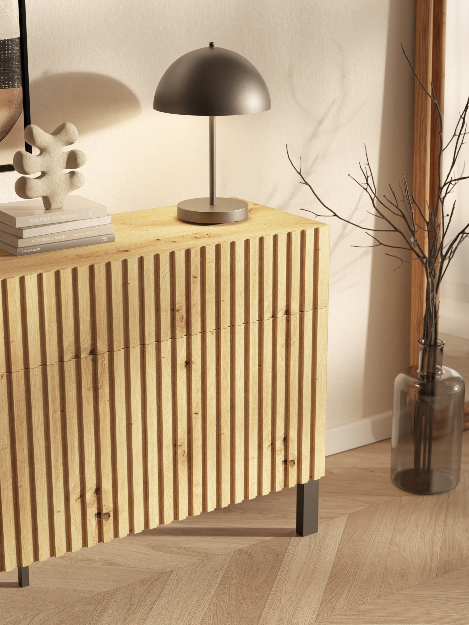 Drehtür-Kommode Telire 154 cm mit drei Schubladen und lamellenförmiger Front in Artisan-Eiche