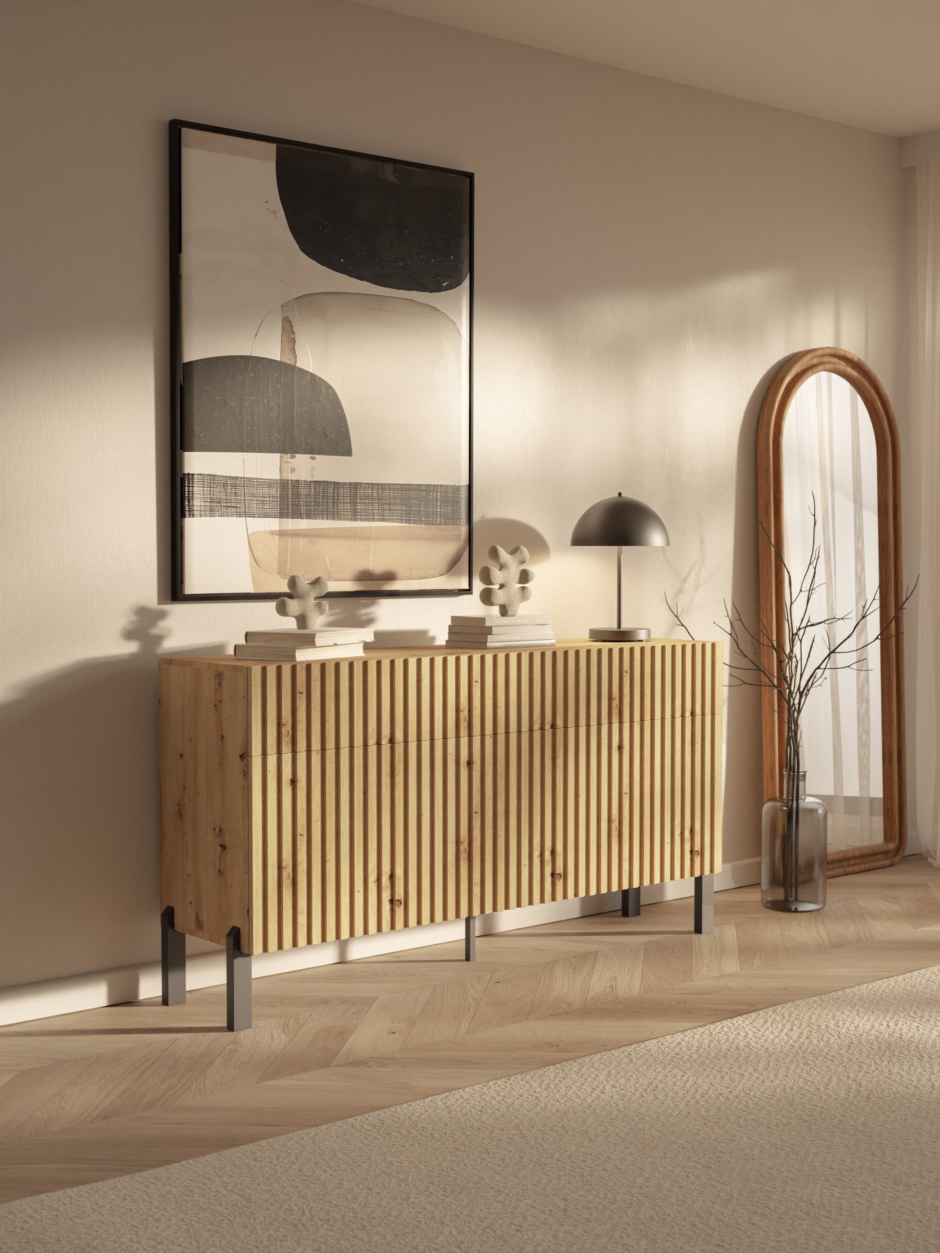 Drehtür-Kommode Telire 154 cm mit drei Schubladen und lamellenförmiger Front in Artisan-Eiche