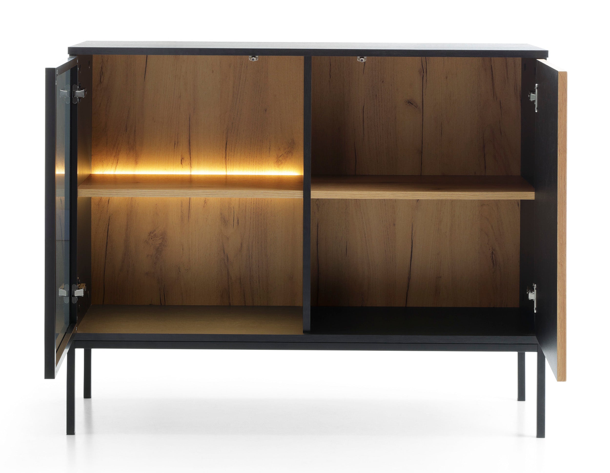 Kommode Tosena mit zwei Türen und LED-Beleuchtung, 104 cm, Schwarz/Wotan Eiche