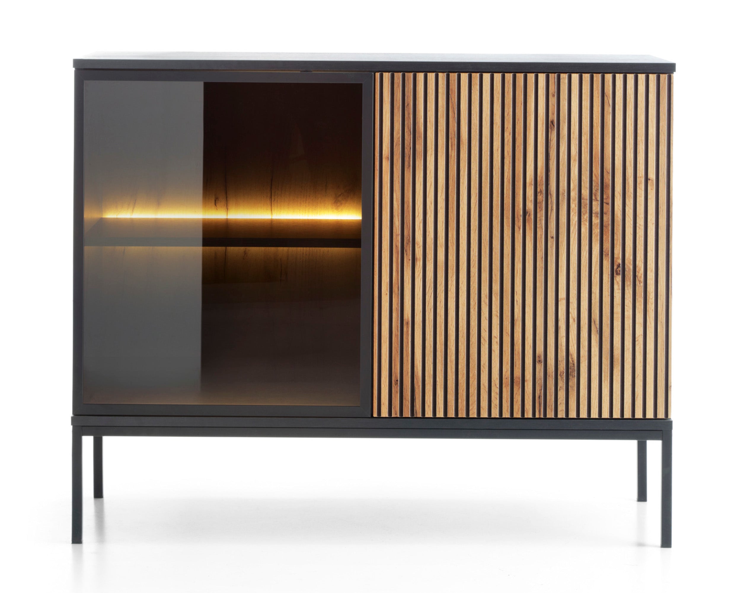 Kommode Tosena mit zwei Türen und LED-Beleuchtung, 104 cm, Schwarz/Wotan Eiche