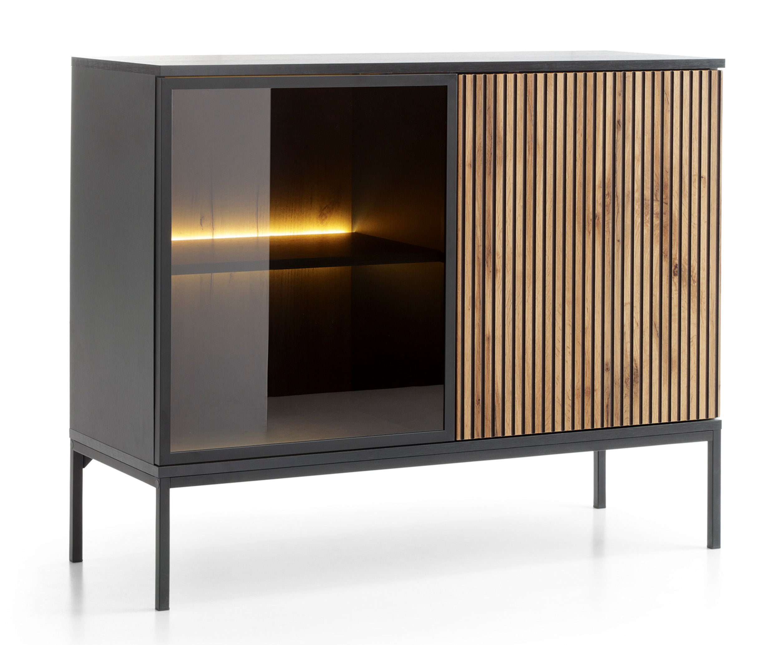 Kommode Tosena mit zwei Türen und LED-Beleuchtung, 104 cm, Schwarz/Wotan Eiche