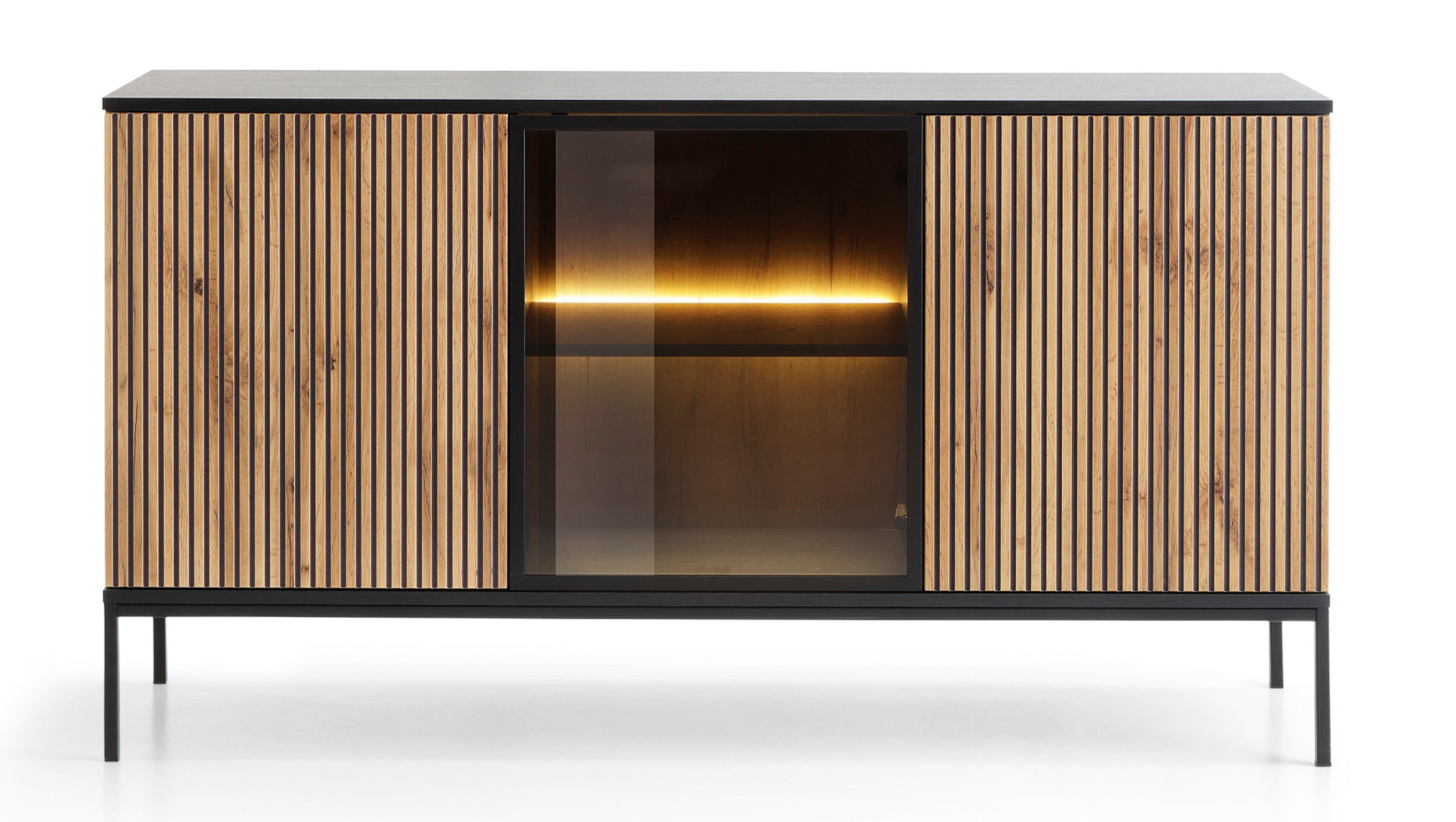 Tosena Kommode mit drei Türen und LED-Beleuchtung, 154 cm, Schwarz/Wotan-Eiche