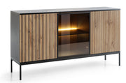 Tosena Kommode mit drei Türen und LED-Beleuchtung, 154 cm, Schwarz/Wotan-Eiche