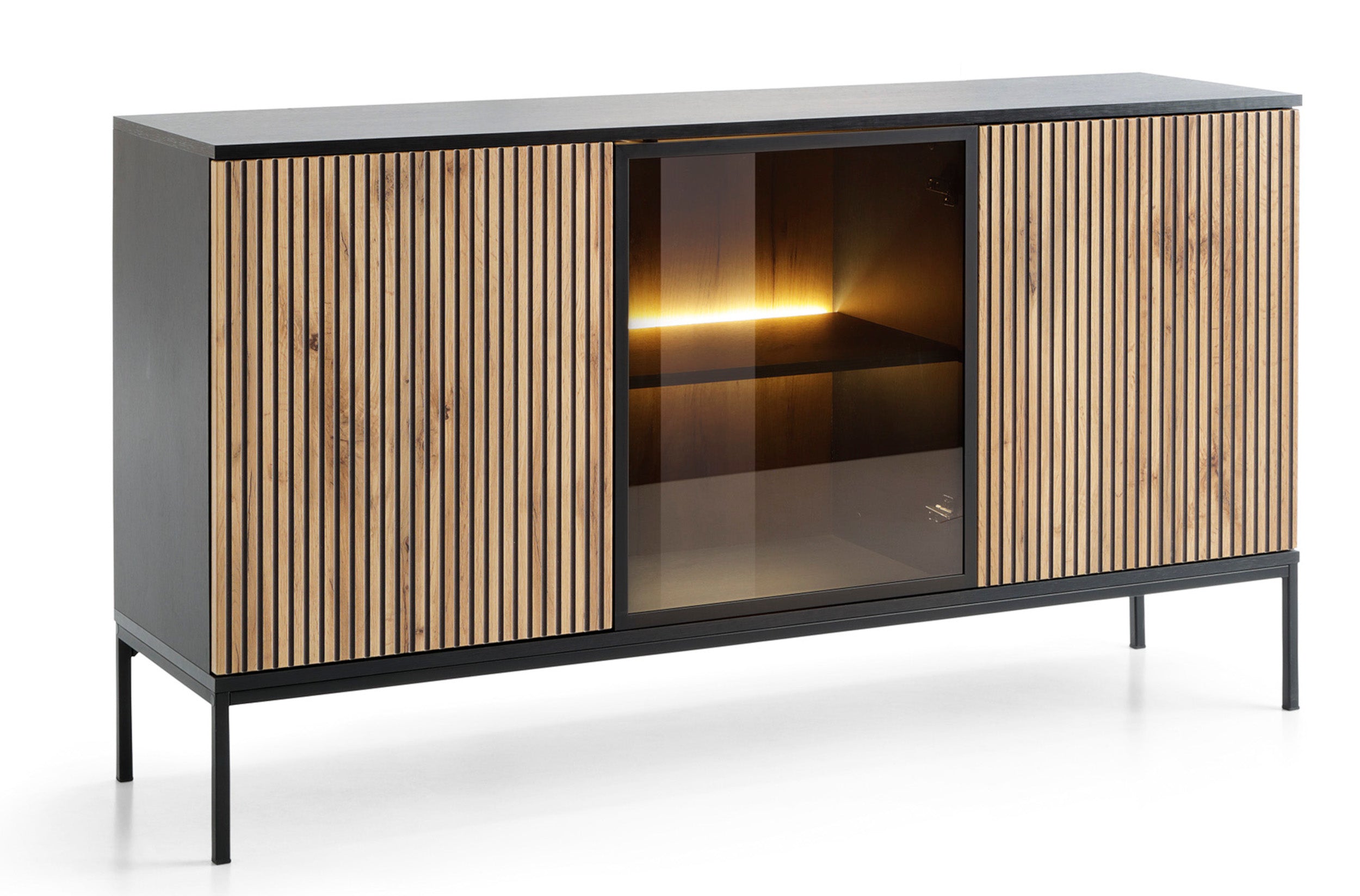 Tosena Kommode mit drei Türen und LED-Beleuchtung, 154 cm, Schwarz/Wotan-Eiche