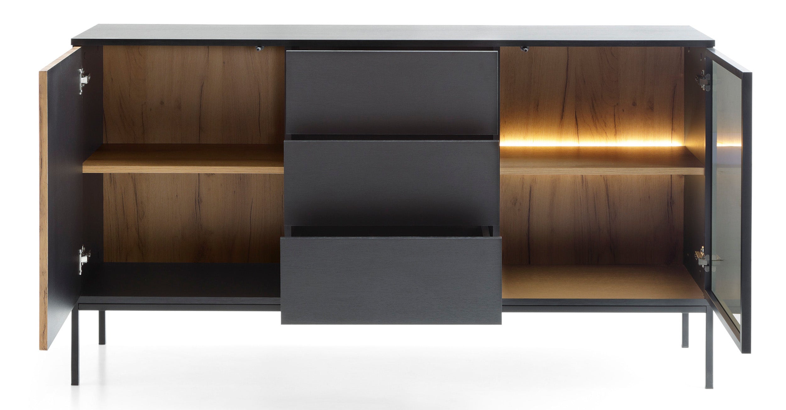 Tosena Kommode mit zwei Türen, Schubladen und LED-Beleuchtung, 154 cm, Schwarz/Wotan-Eiche