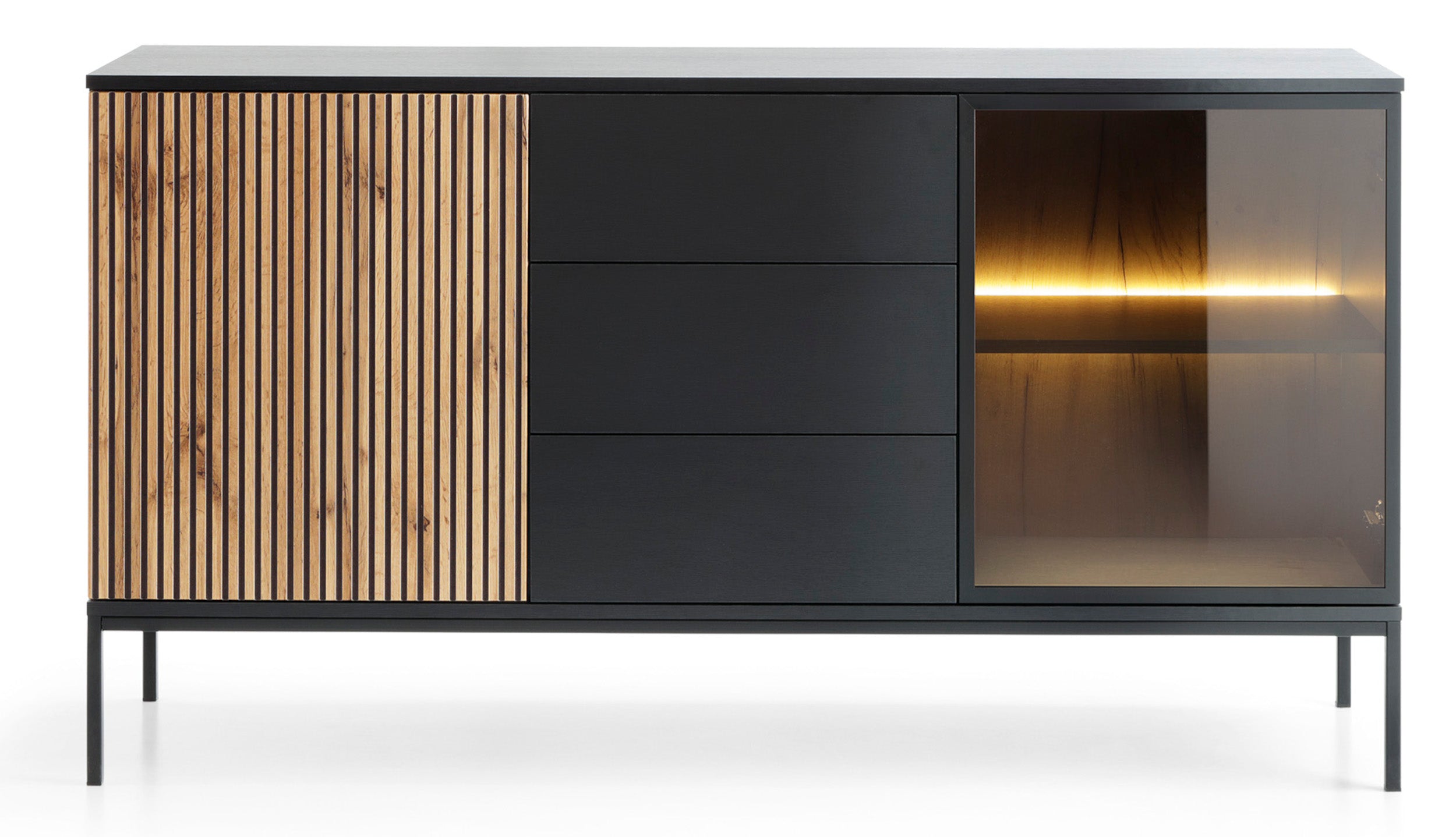 Tosena Kommode mit zwei Türen, Schubladen und LED-Beleuchtung, 154 cm, Schwarz/Wotan-Eiche