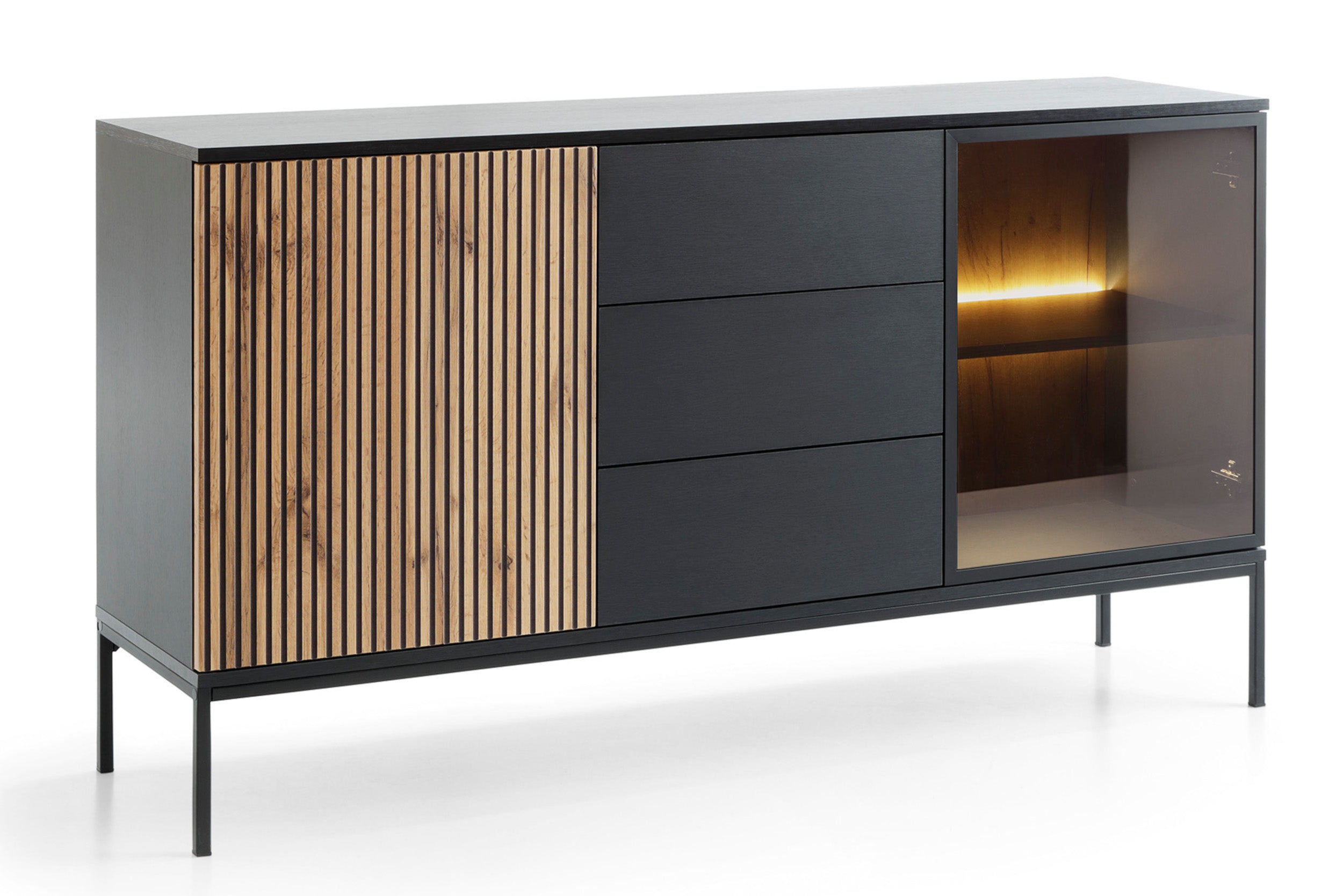 Tosena Kommode mit zwei Türen, Schubladen und LED-Beleuchtung, 154 cm, Schwarz/Wotan-Eiche