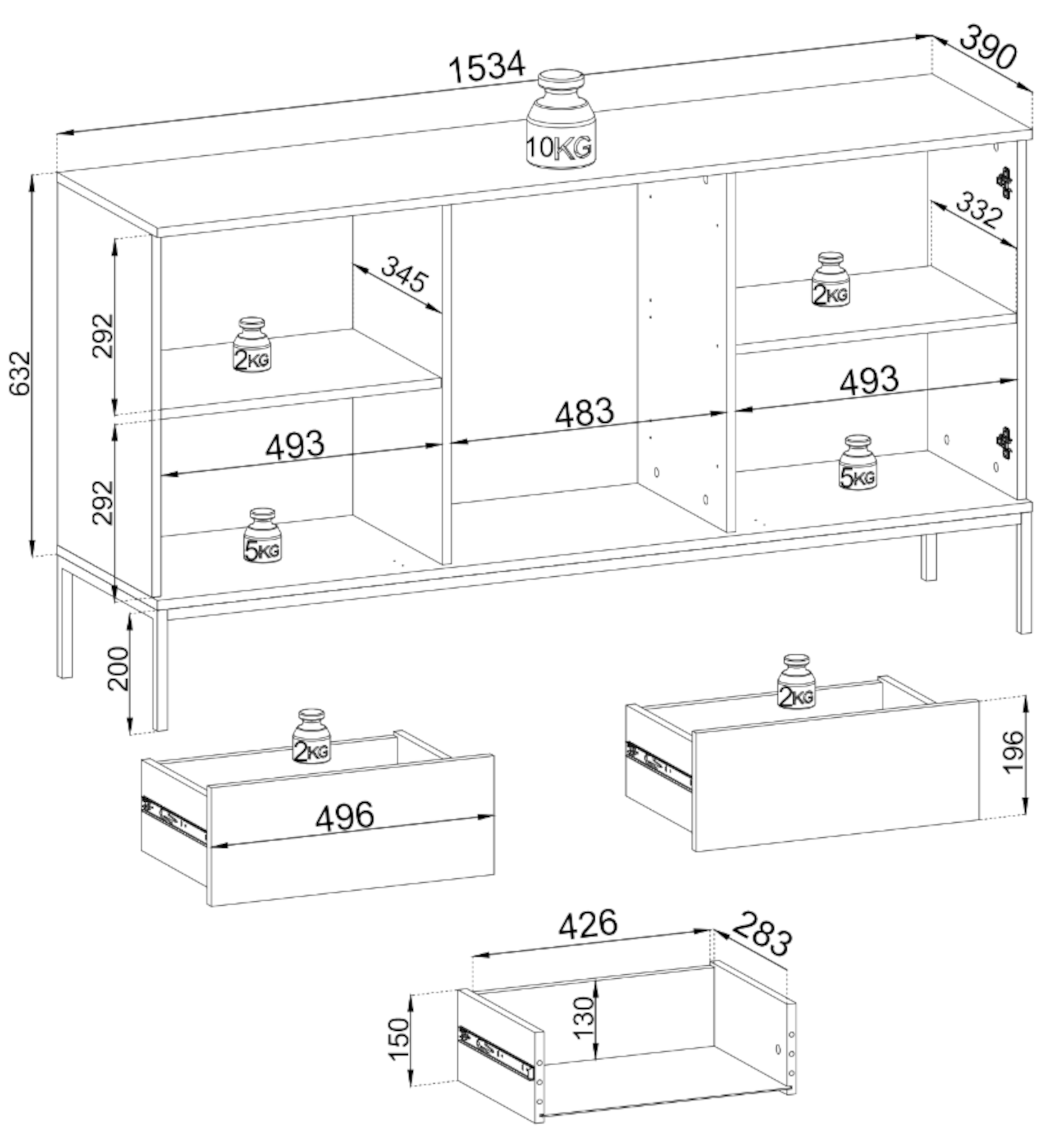 Kommode Tosena mit zwei Türen, Schubladen und LED-Beleuchtung, 154 cm, Kaschmir